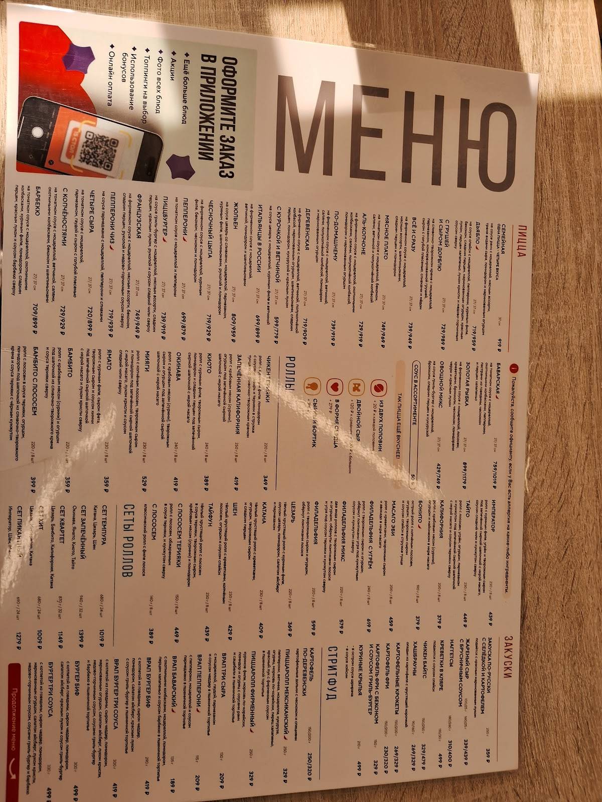 ПиццаФабрика меню