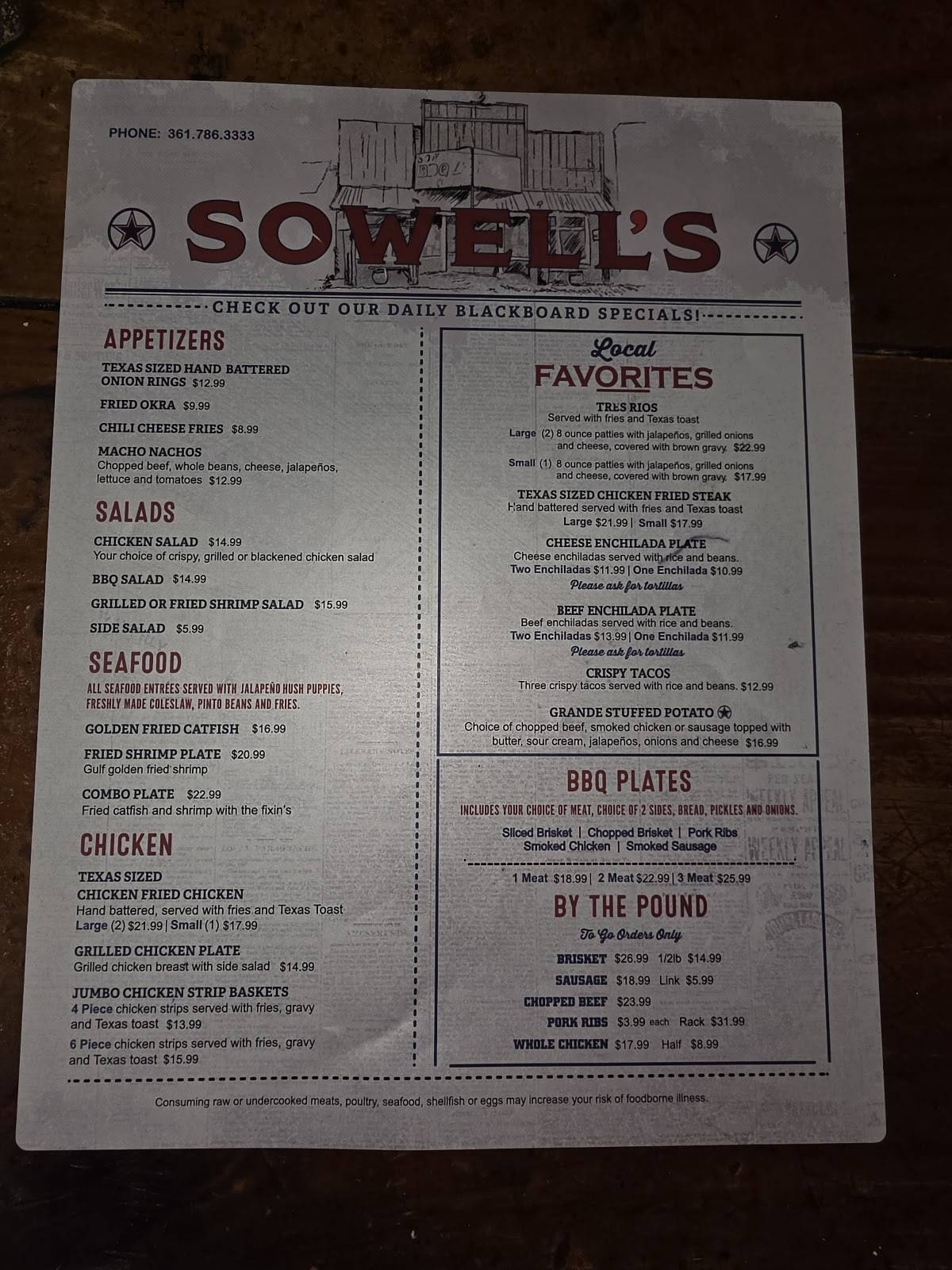 Sowell's BBQ меню
