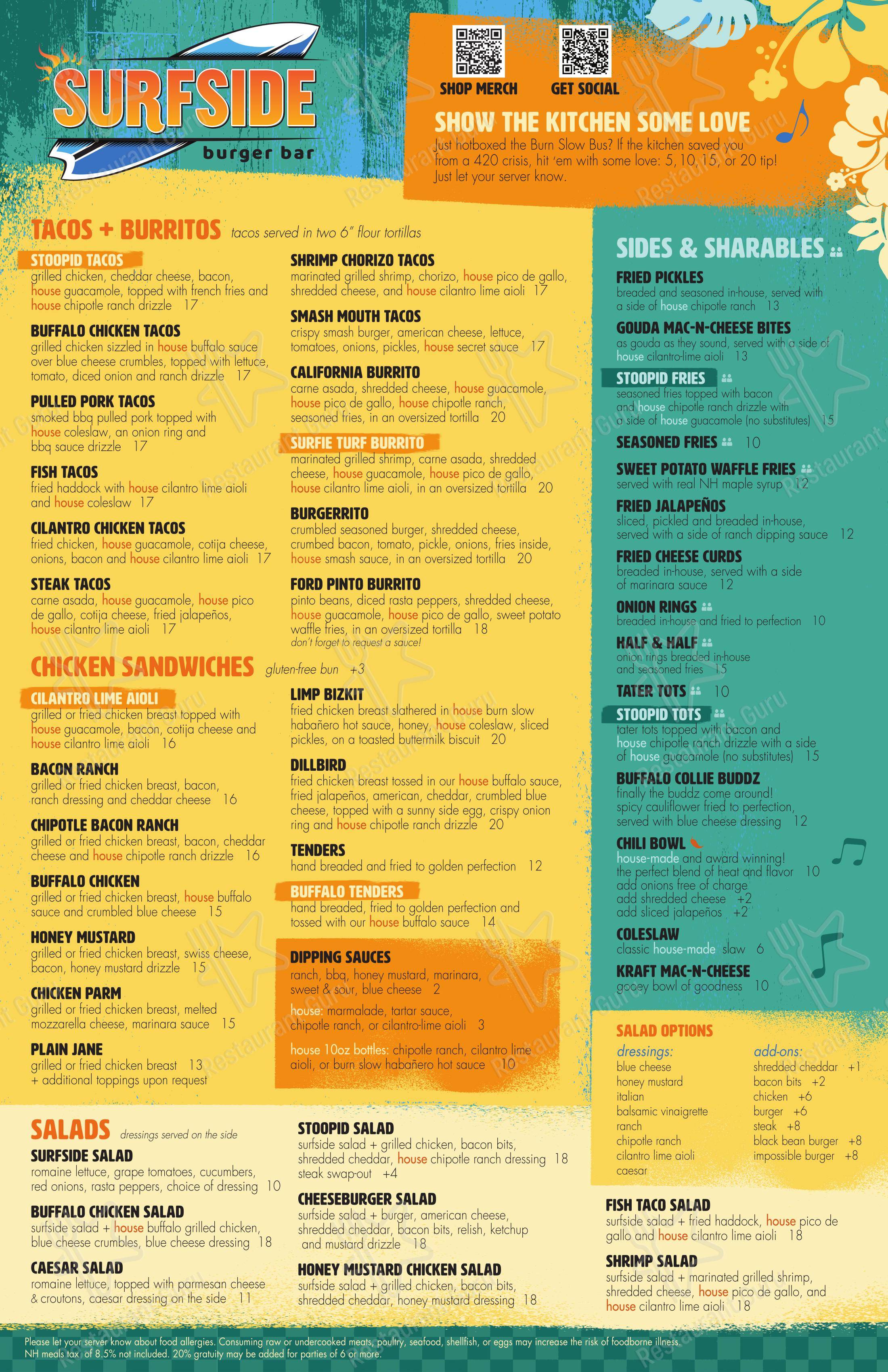 Меню ресторана Surfside Burger Bar