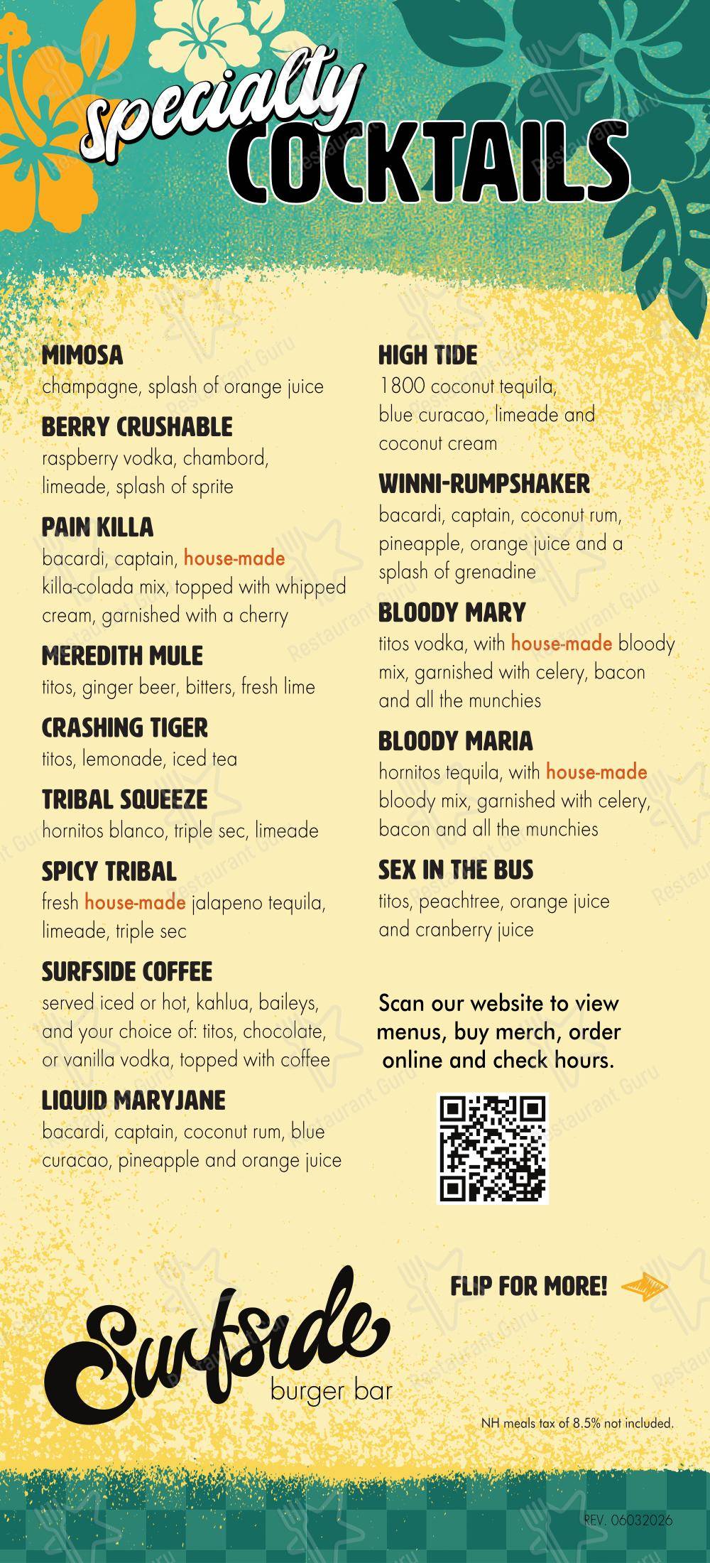 菜单 ресторана Surfside Burger Bar в Мередите