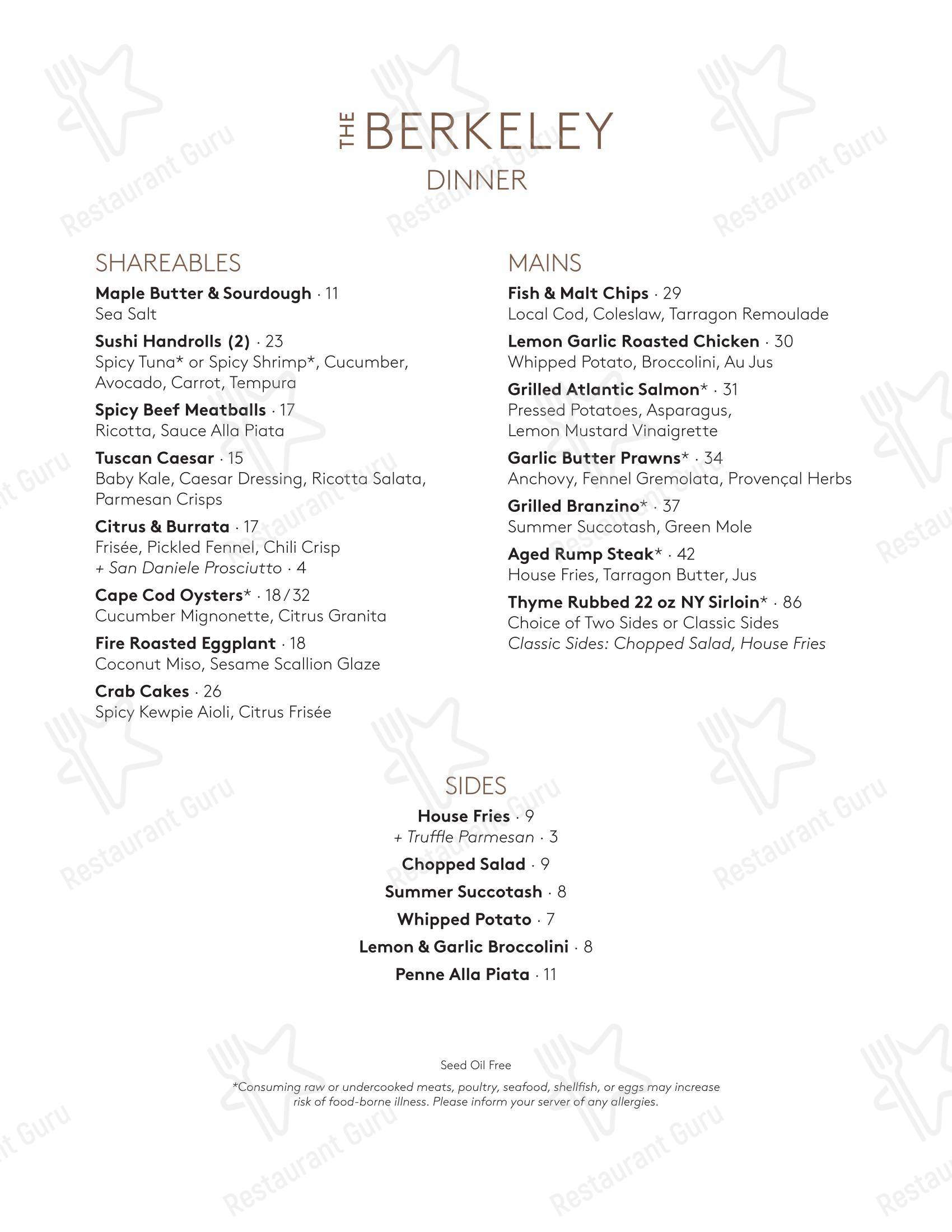 Меню паба и бара The Berkeley Bistro + Bar - Основное меню