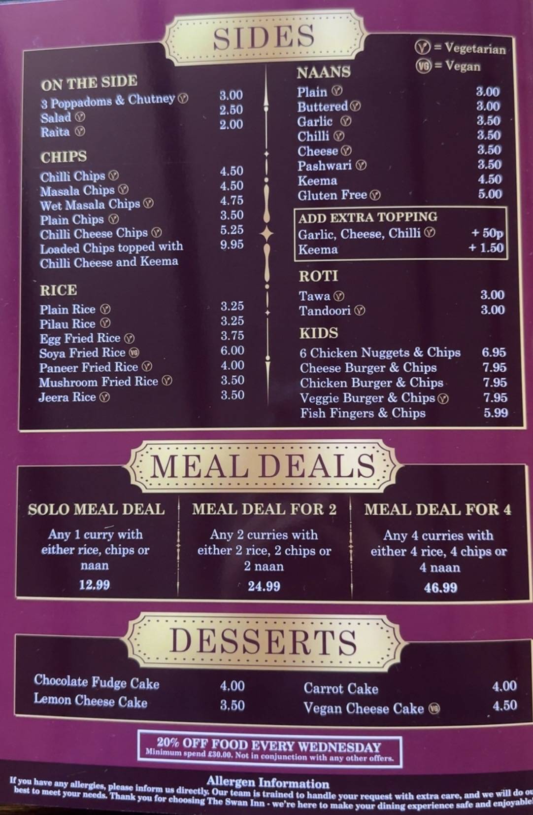 The Swan Inn Bar And Grill Armitage меню