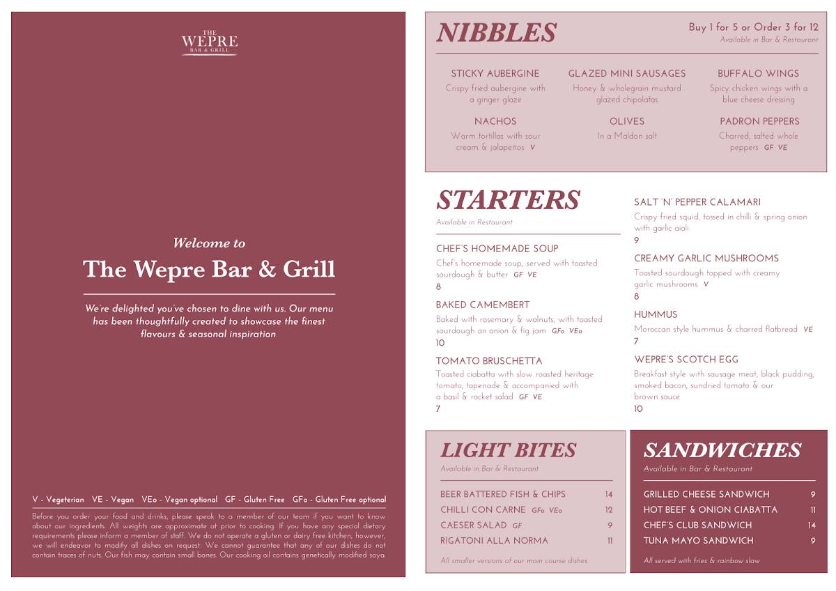 The Wepre Bar & Grill меню
