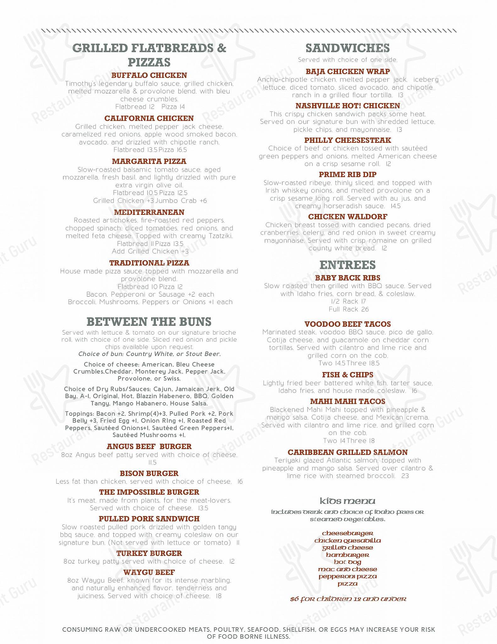 Меню паба и бара Timothy's Lionville - Takeaway Menu