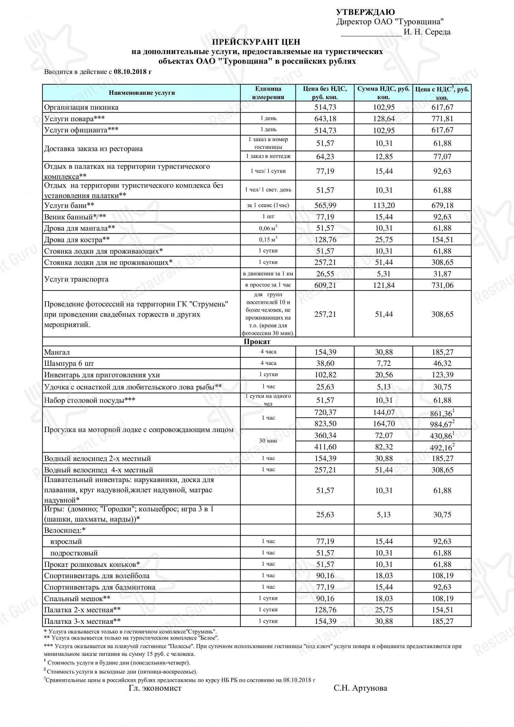 Ночное меню ресторана Гостиница Туров в Турове