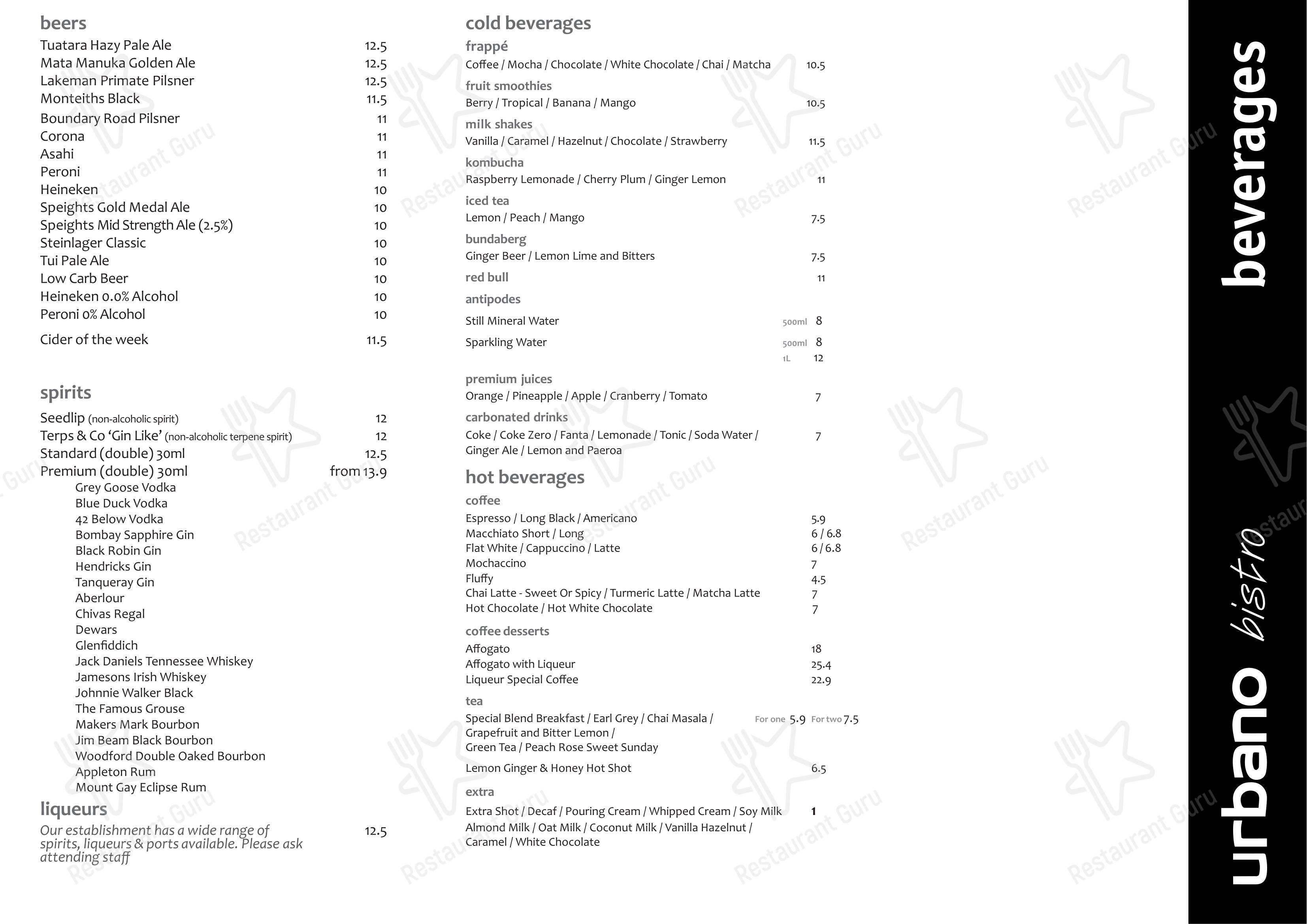Dinner Menu кафе Urbano Bistro Cafe & Restaurant