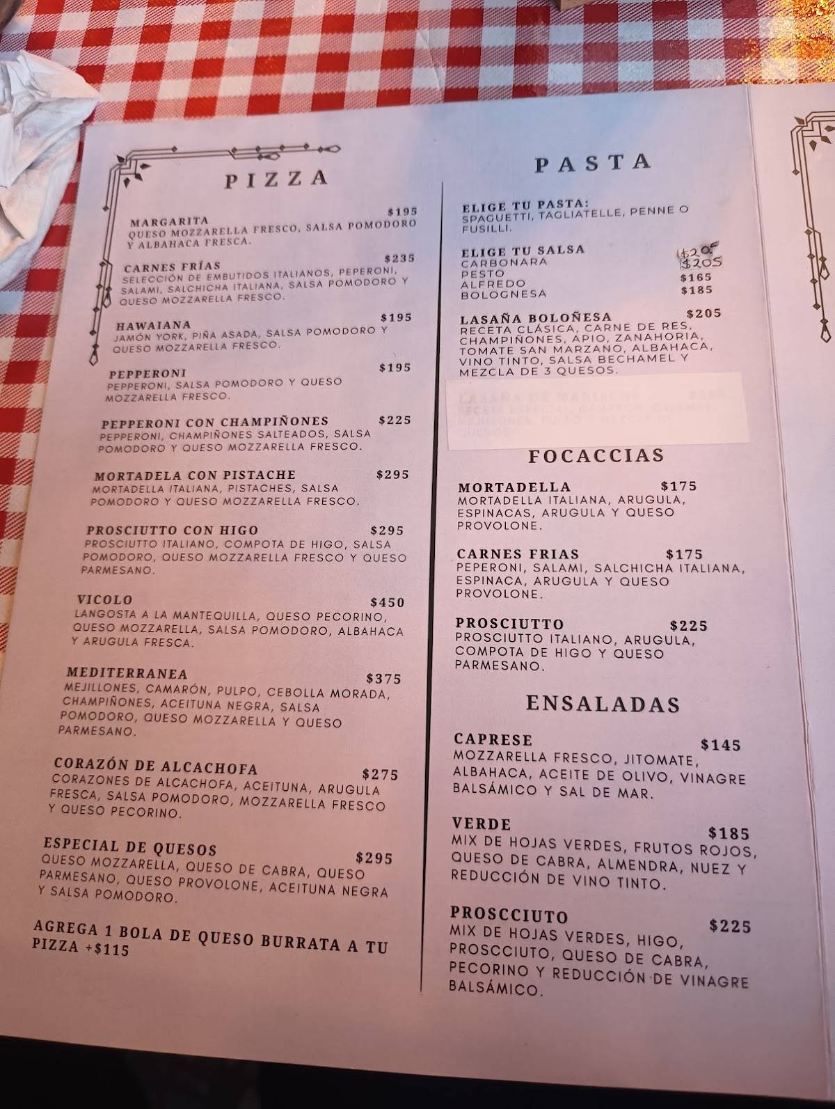 Vicolo Ristorante меню