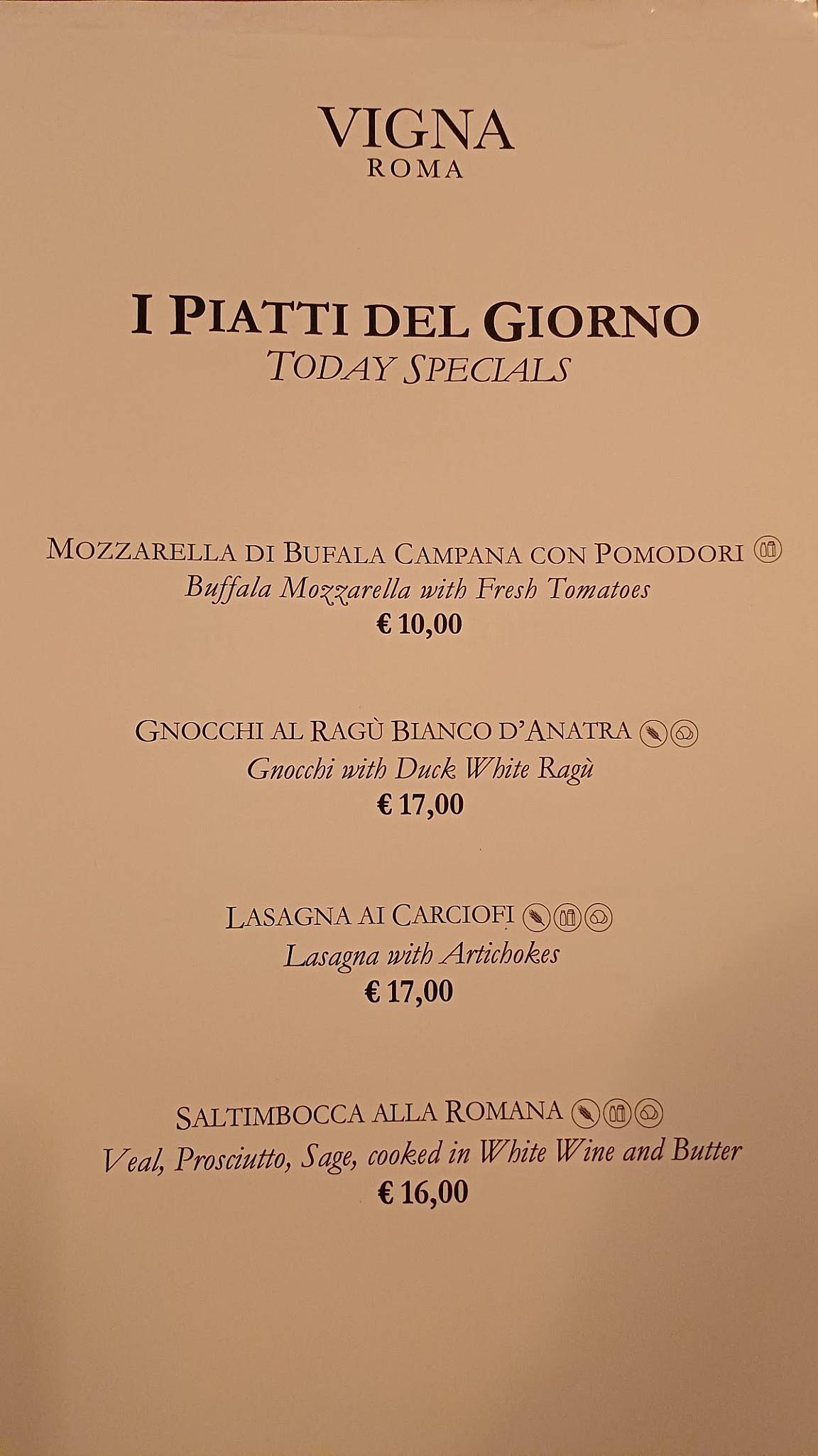 Vigna Roma меню