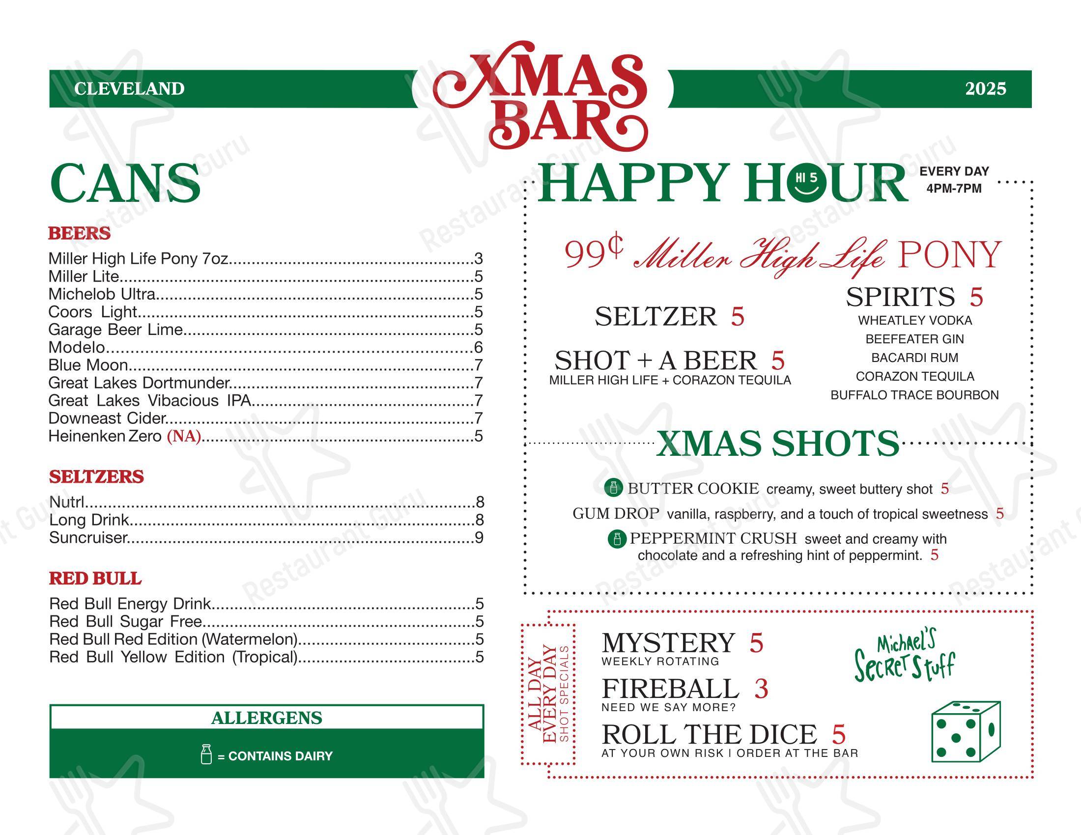 Меню напитков паба и бара XMAS Bar at HI 5 в Кливленде