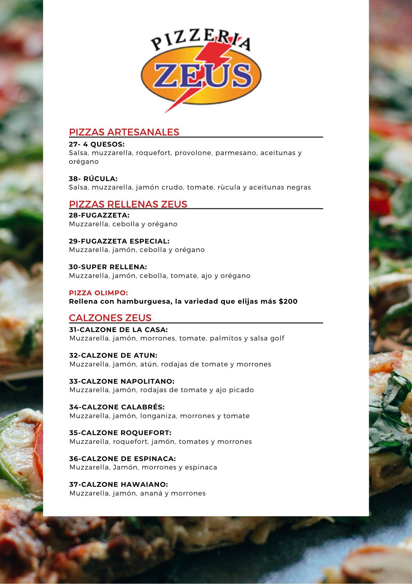 Zeus Pizzeria меню