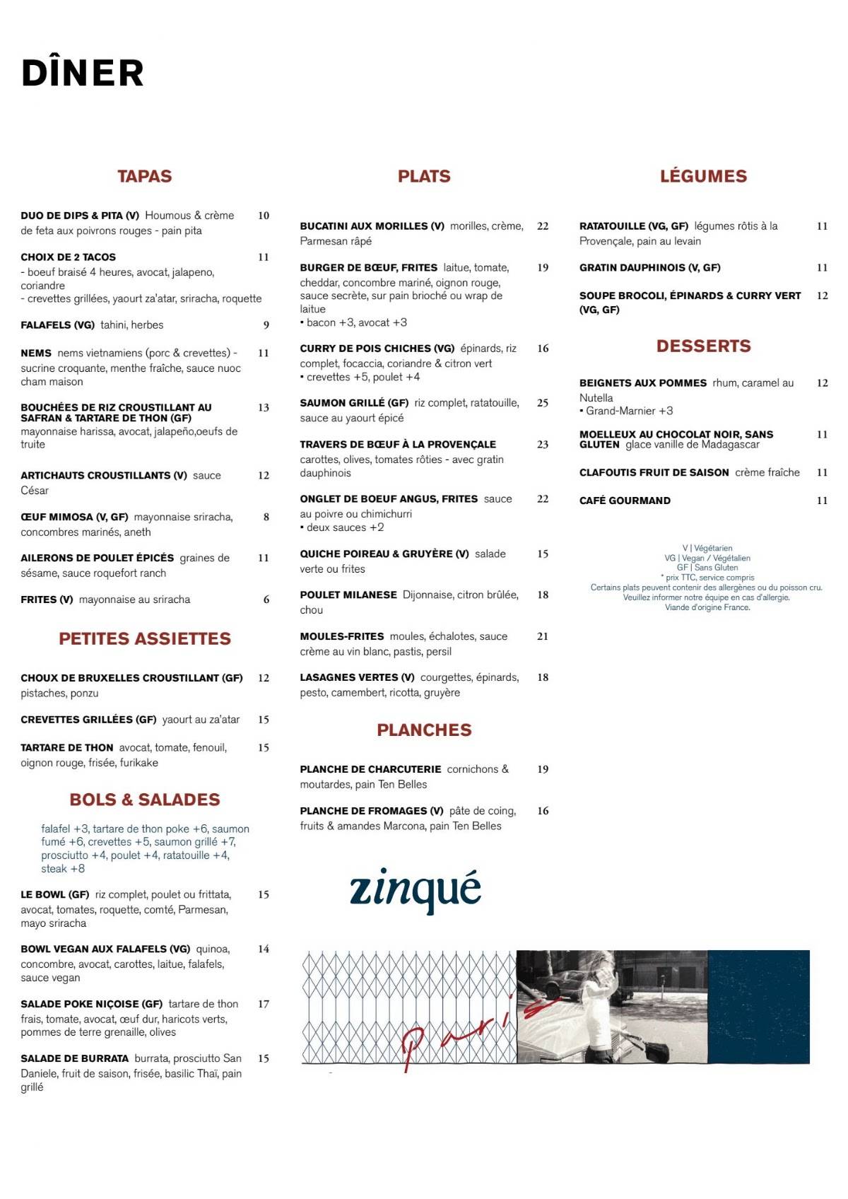 Zinqué Paris меню