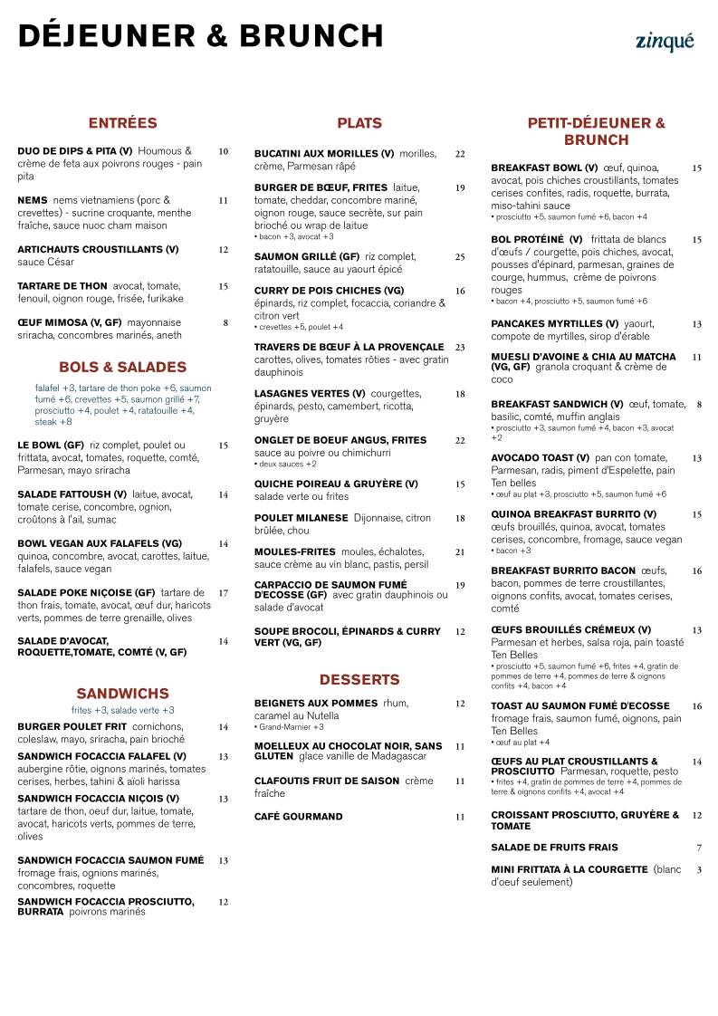 Zinqué Paris меню