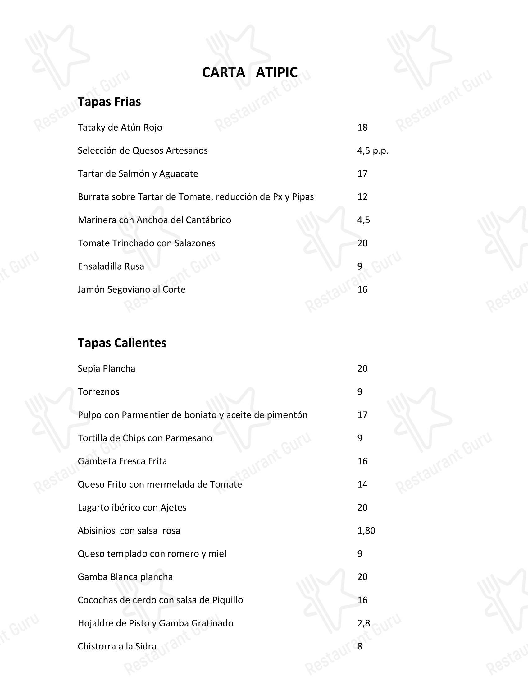 ATIPIC Bar в об Иби - Меню