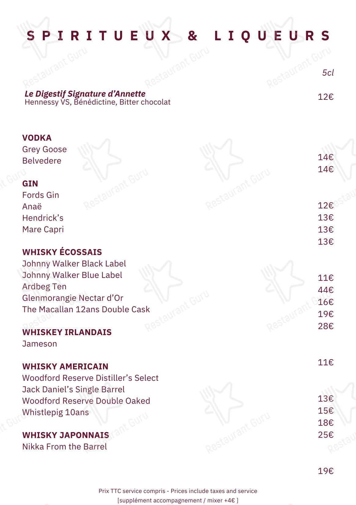 Takeaway Menu ресторана Annette в Париже