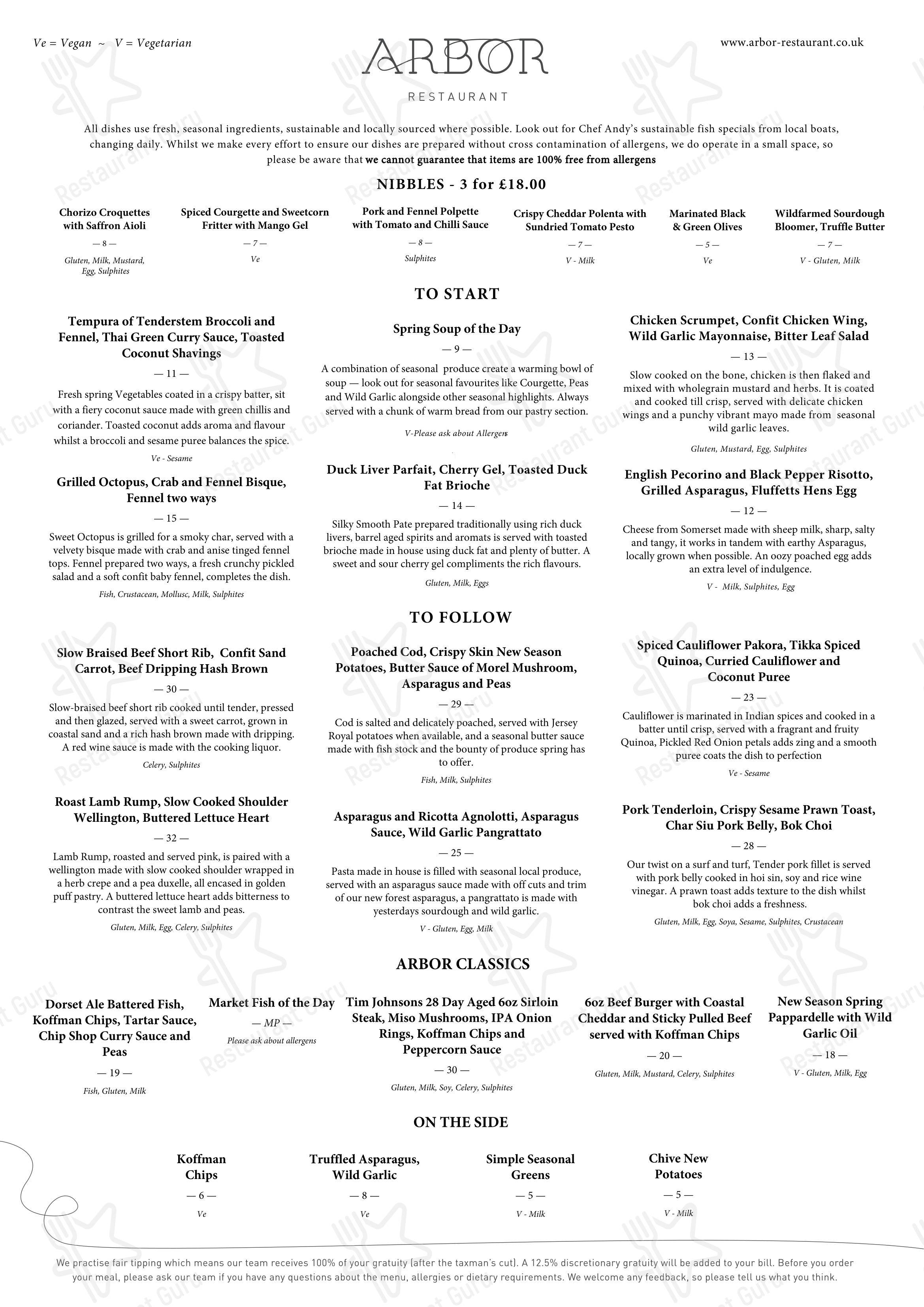 Arbor в Борнмуте - Menu pizzeria