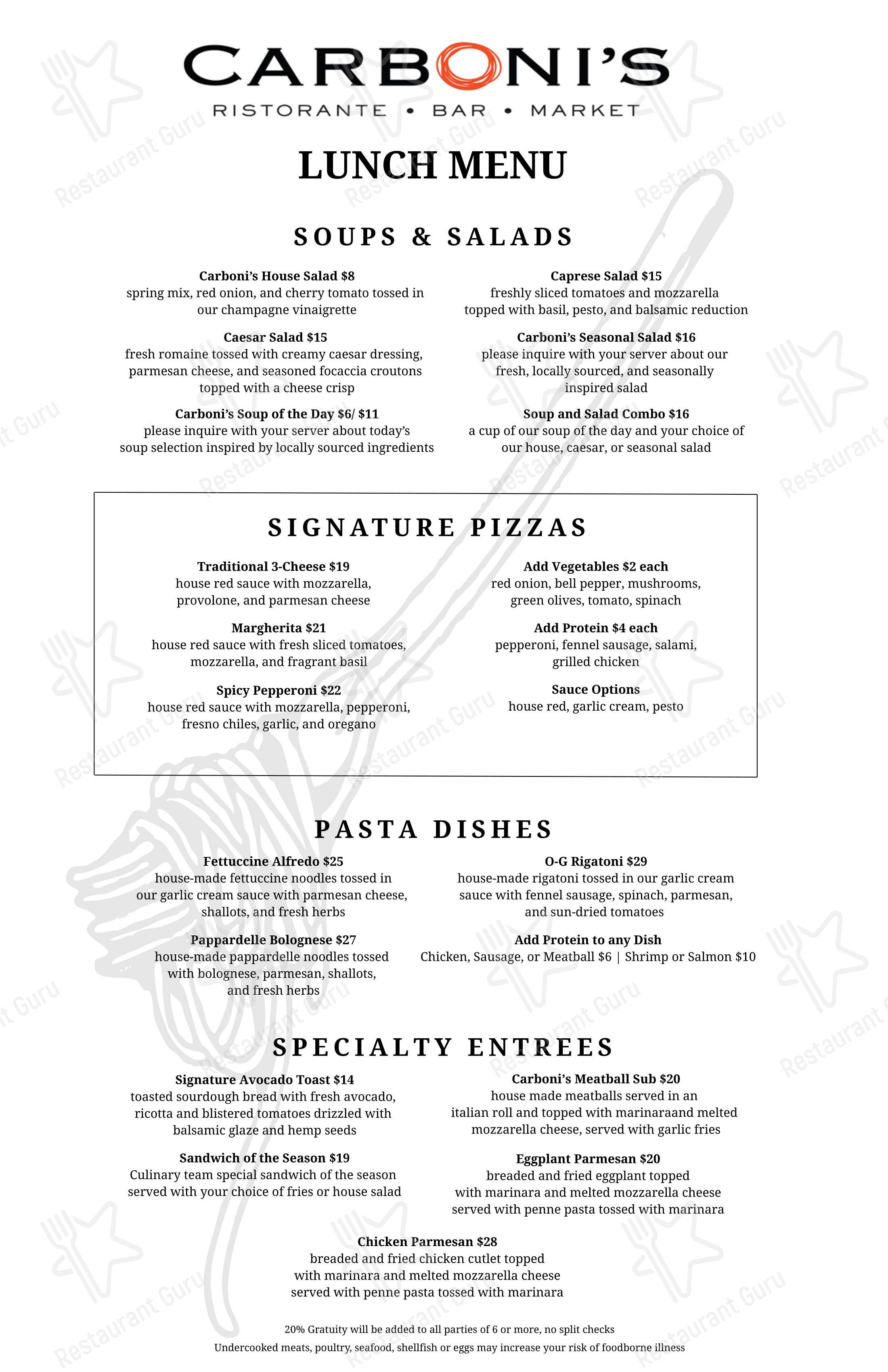 Меню паба и бара Carboni's Ristorante - Меню