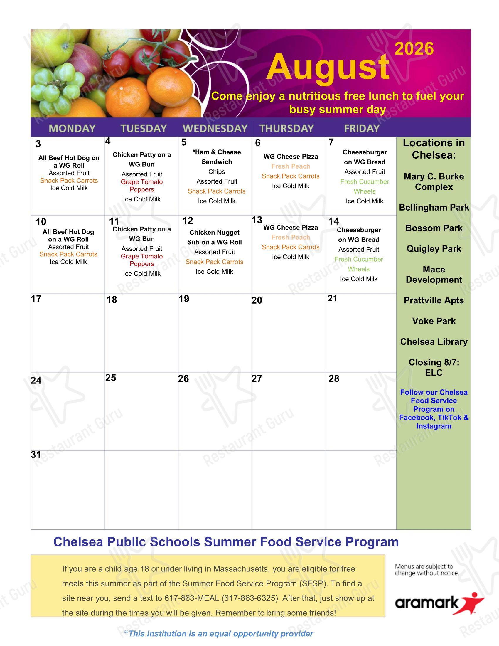 Chelsea Public Schools Food Service Program в Челси - Lunch Menu
