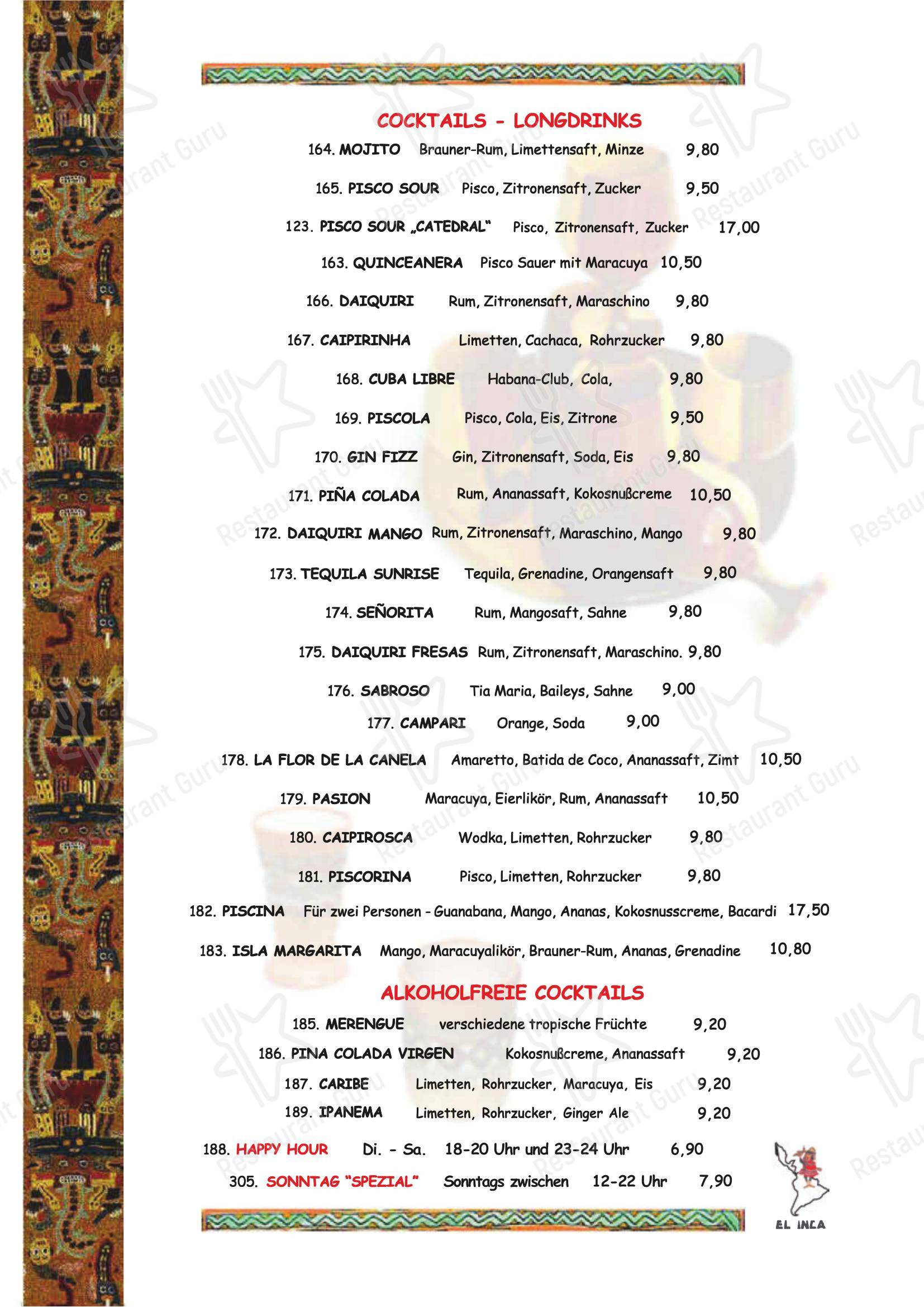 Меню напитков ресторана El Inca Restaurant в Кёльне