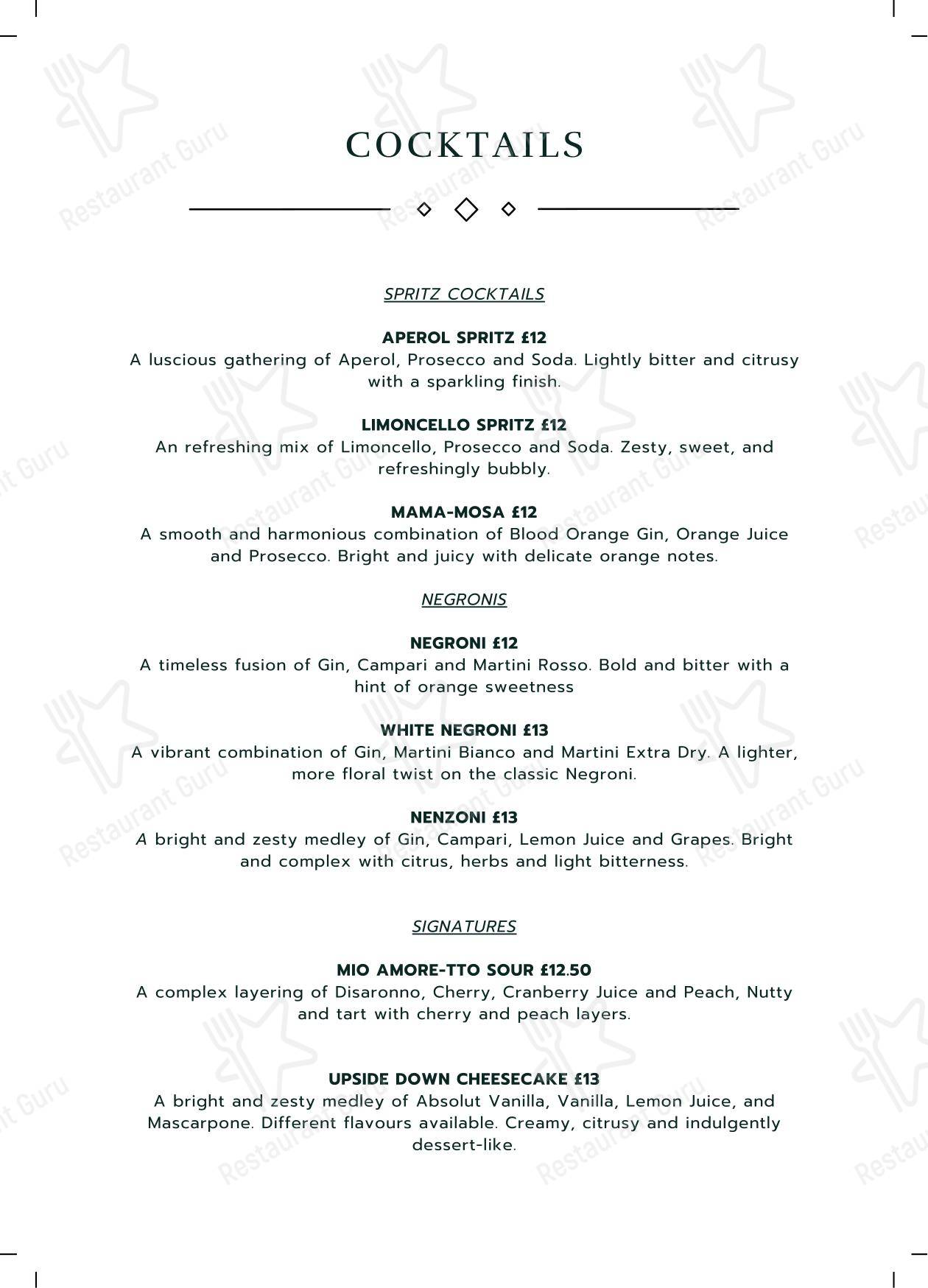 Gio Ristorante в Манчестере - Основное меню