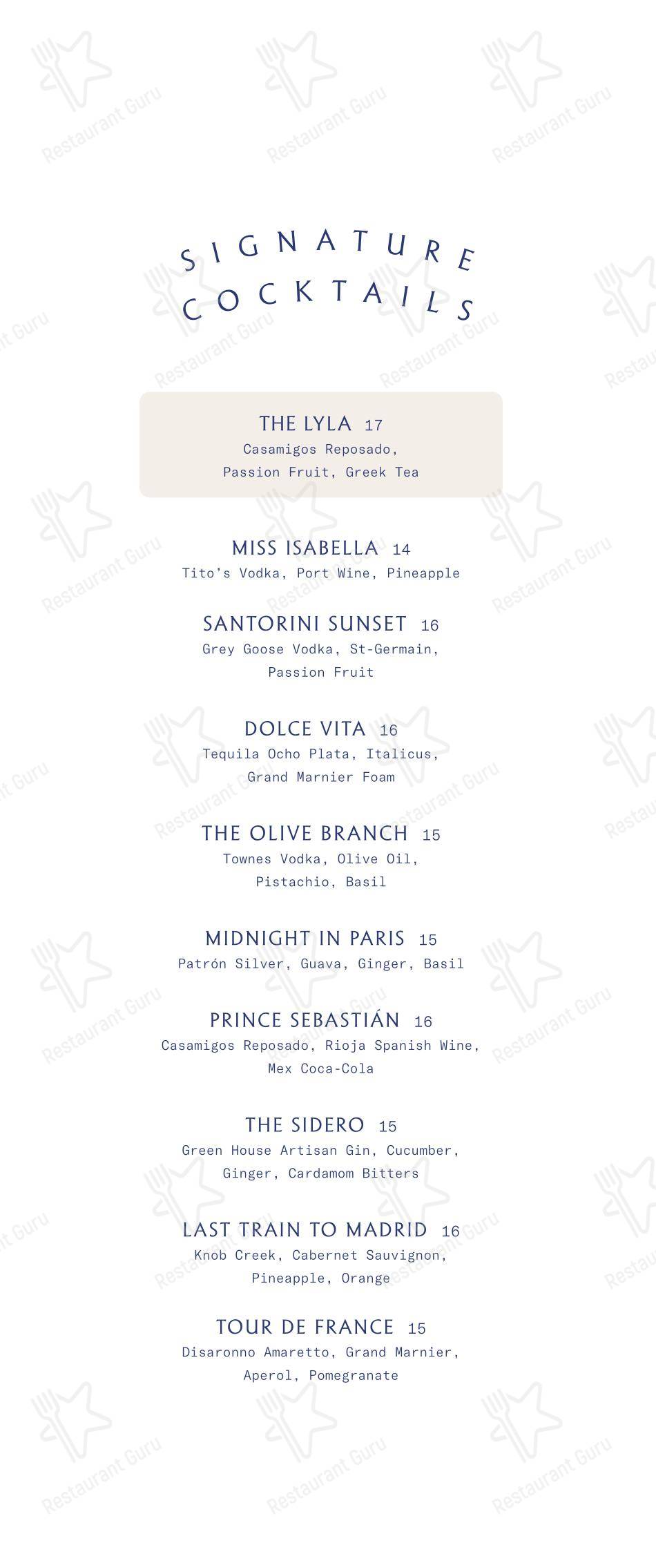 Lunch Menu ресторана Lyla в Далласе
