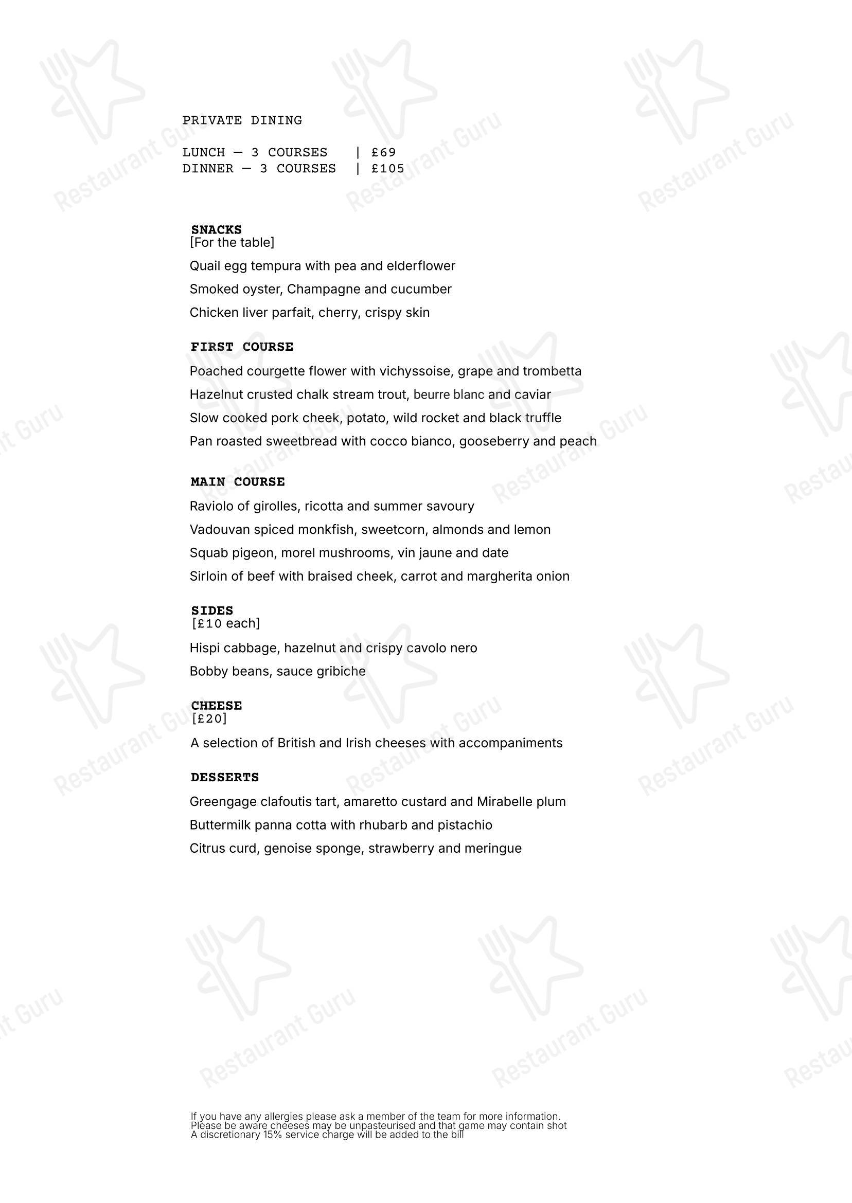 Lunch Menu ресторана Portland