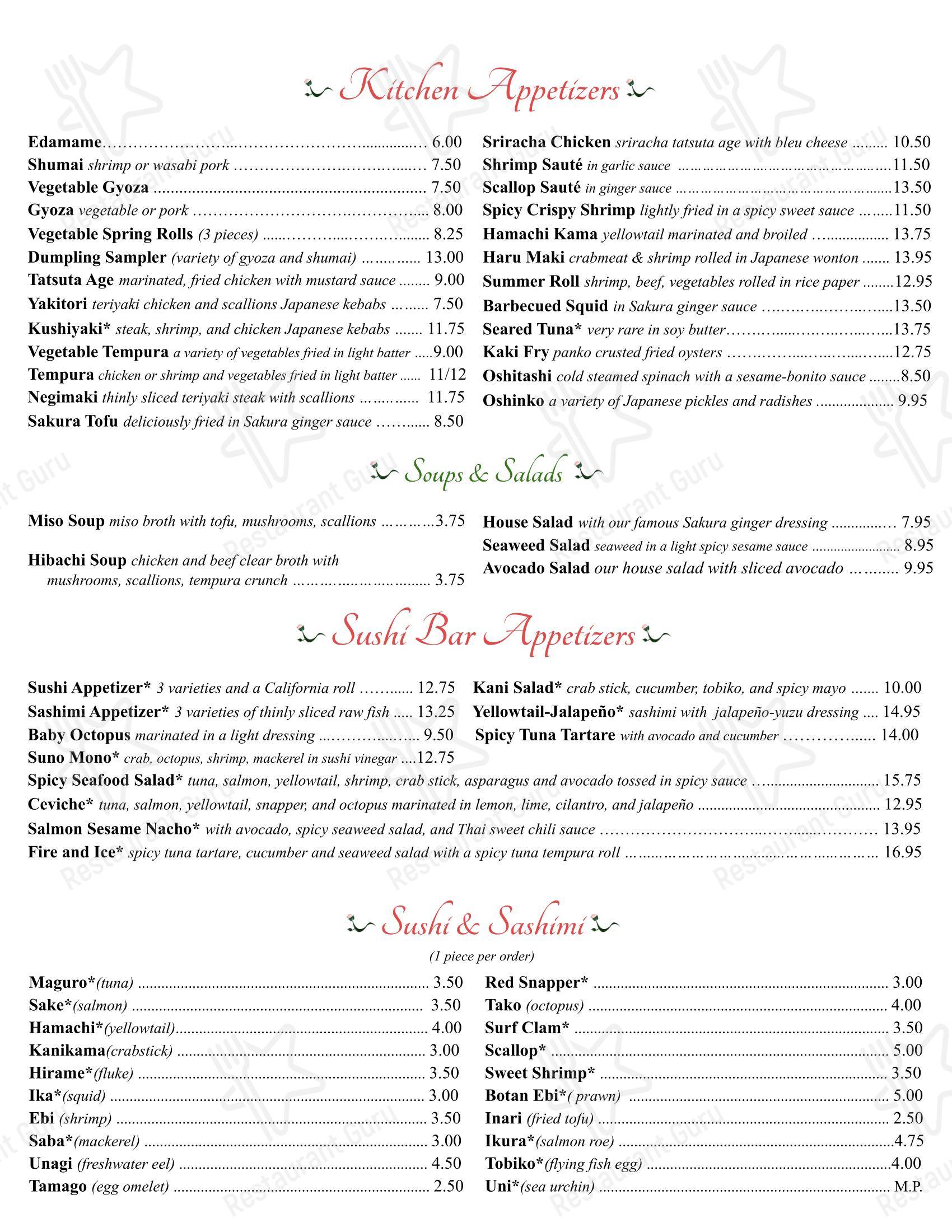 菜单 ресторана Sakura Japanese Restaurant