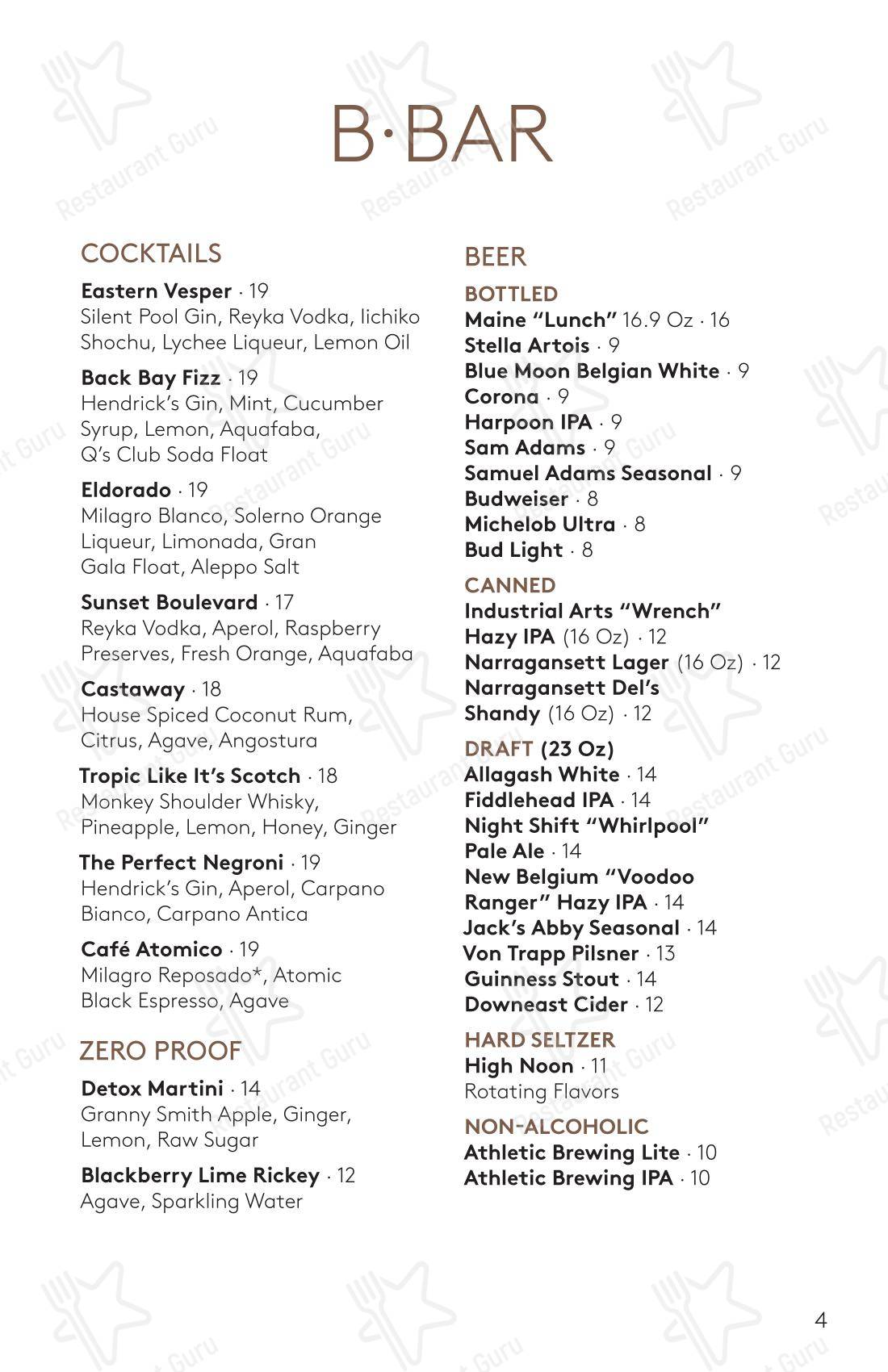 Коктейльная карта паба и бара The Berkeley Bistro + Bar в Бостоне