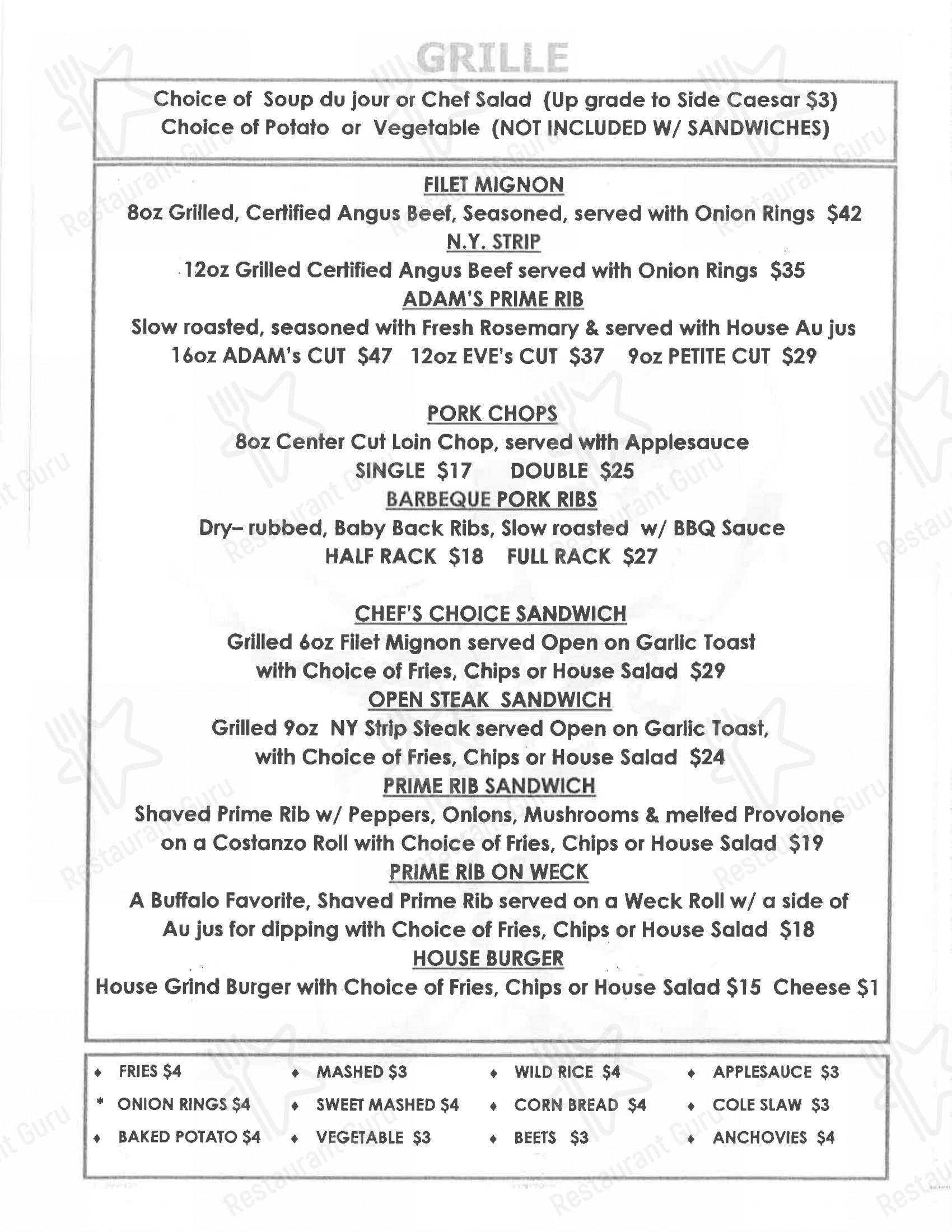 Меню паба и бара Adam's Rib Restaurant
