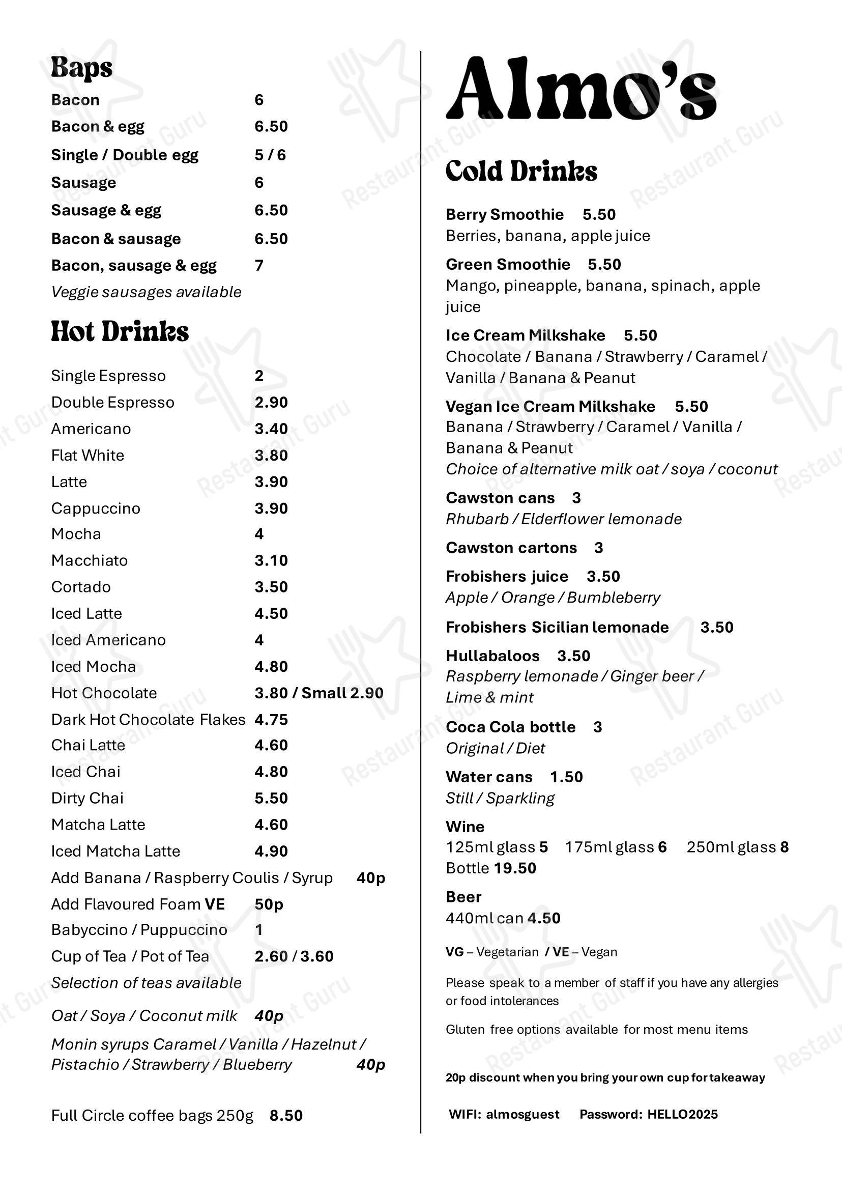 Меню Almo's в Борнмуте