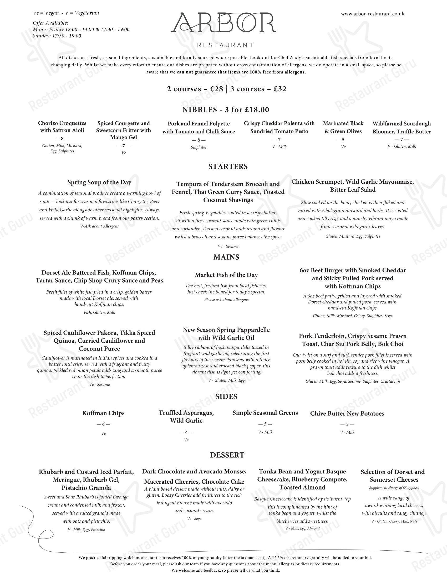 Меню паба и бара Arbor - Bistro Menu