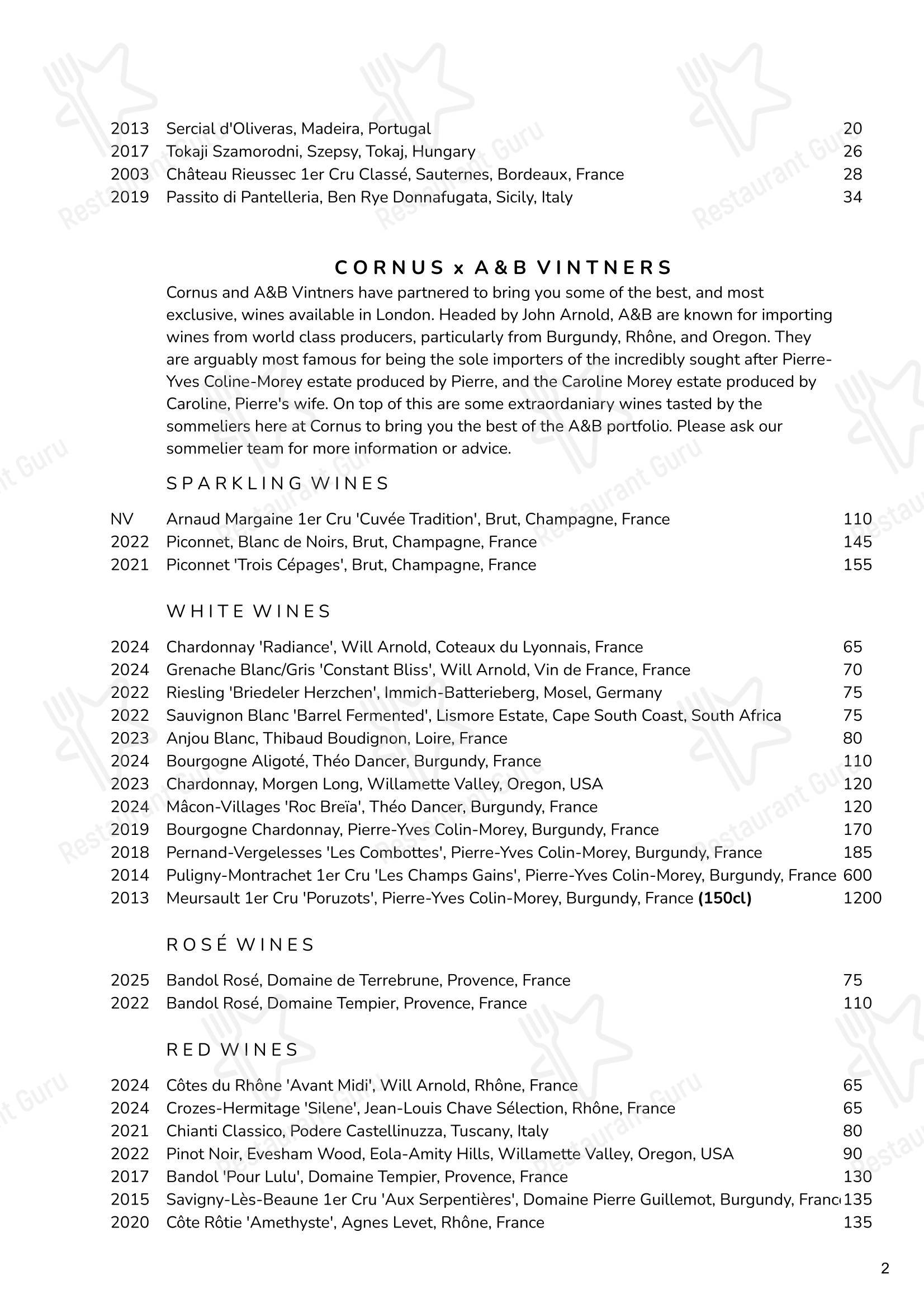 Menu bistro ресторана Cornus