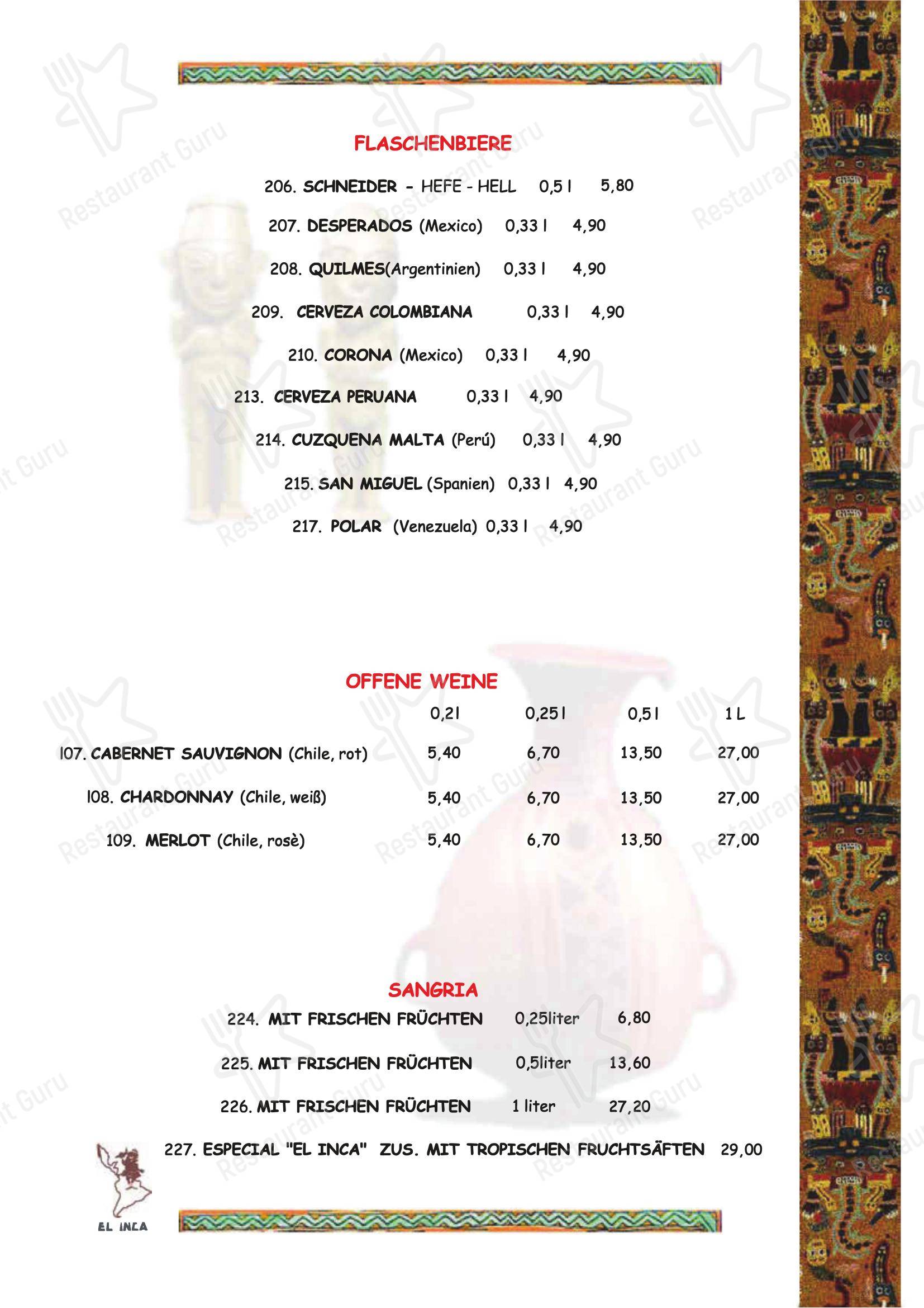 Меню напитков ресторана El Inca Restaurant в Кёльне