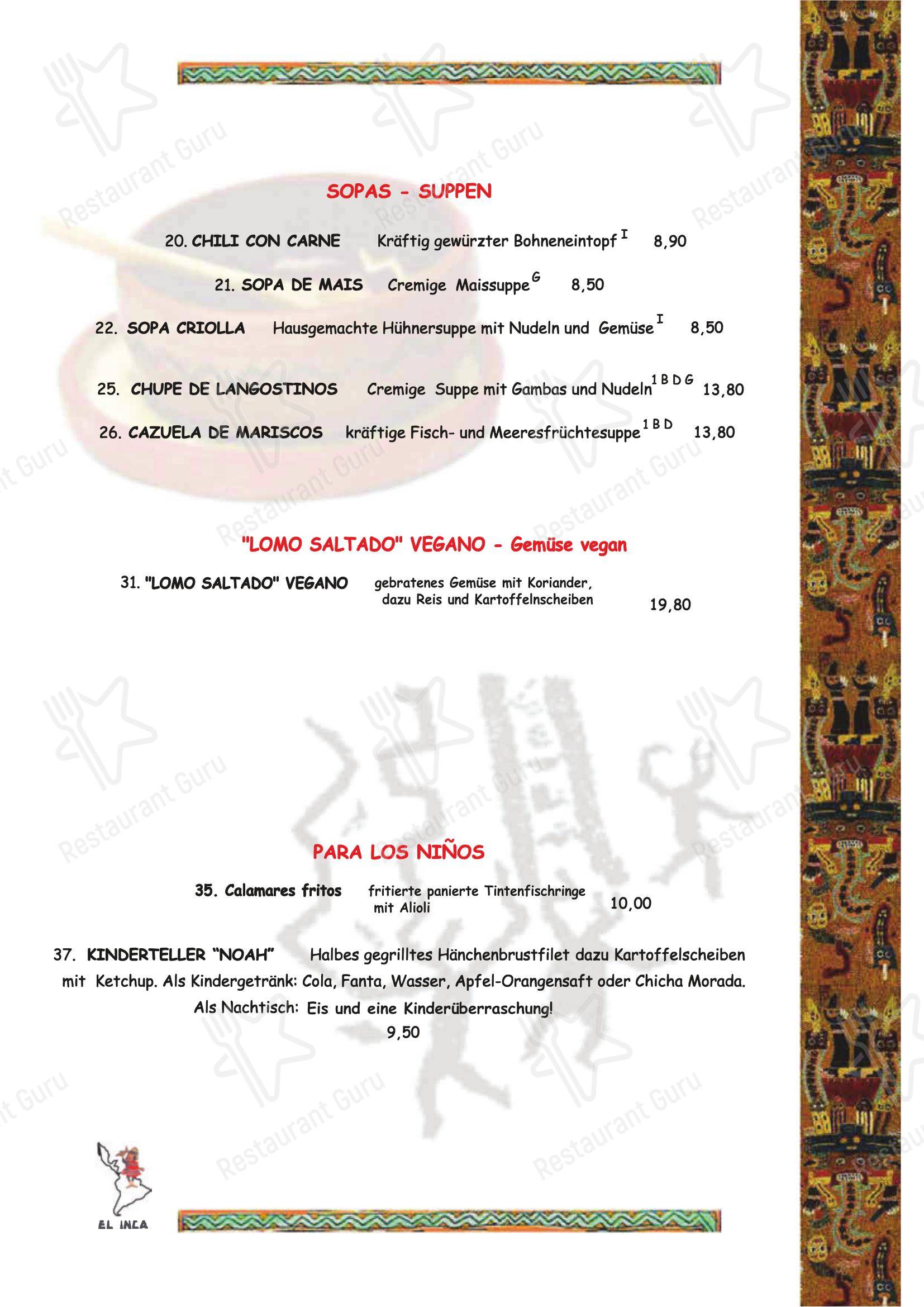 Меню напитков ресторана El Inca Restaurant в Кёльне