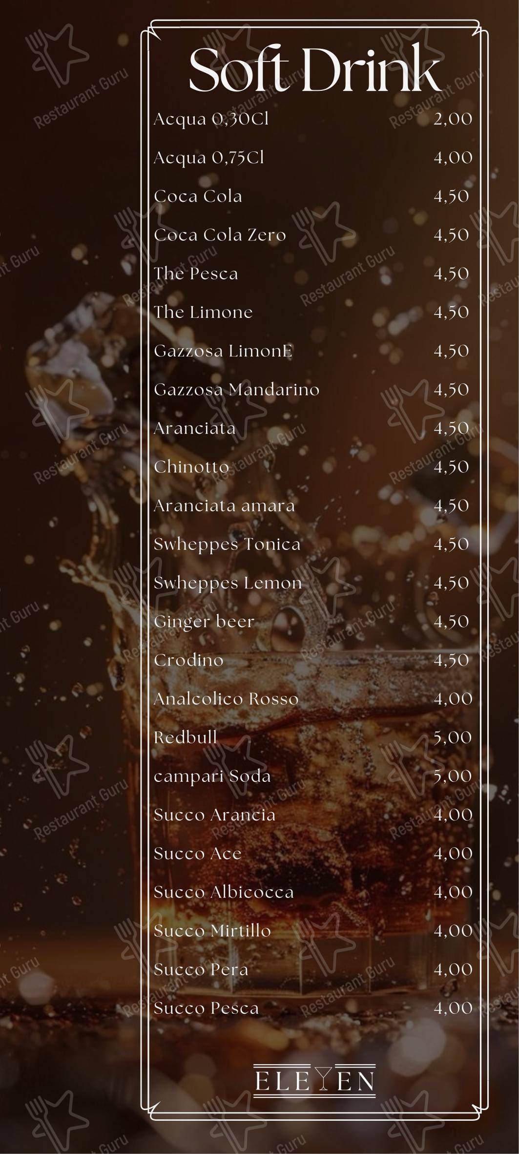 Меню паба и бара Eleven Bar Ristorante - Меню