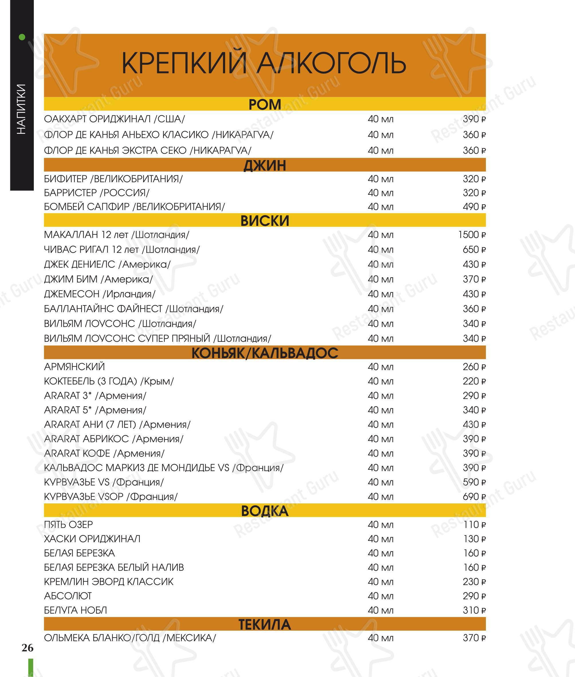 Меню ресторана Фьюжн в Орле