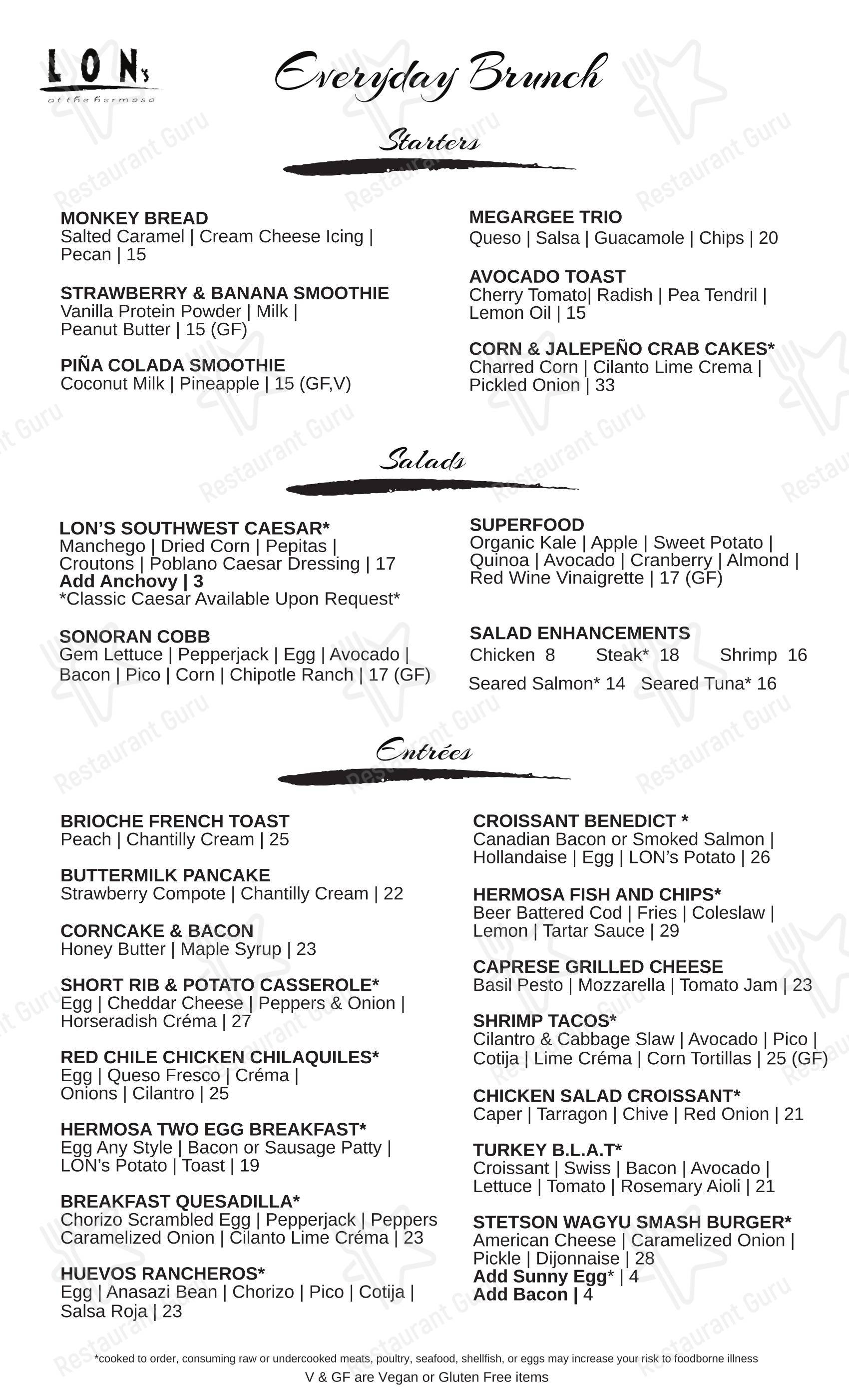 Меню паба и бара LON’s at The Hermosa Inn в Пэрадайзе-Вэлли