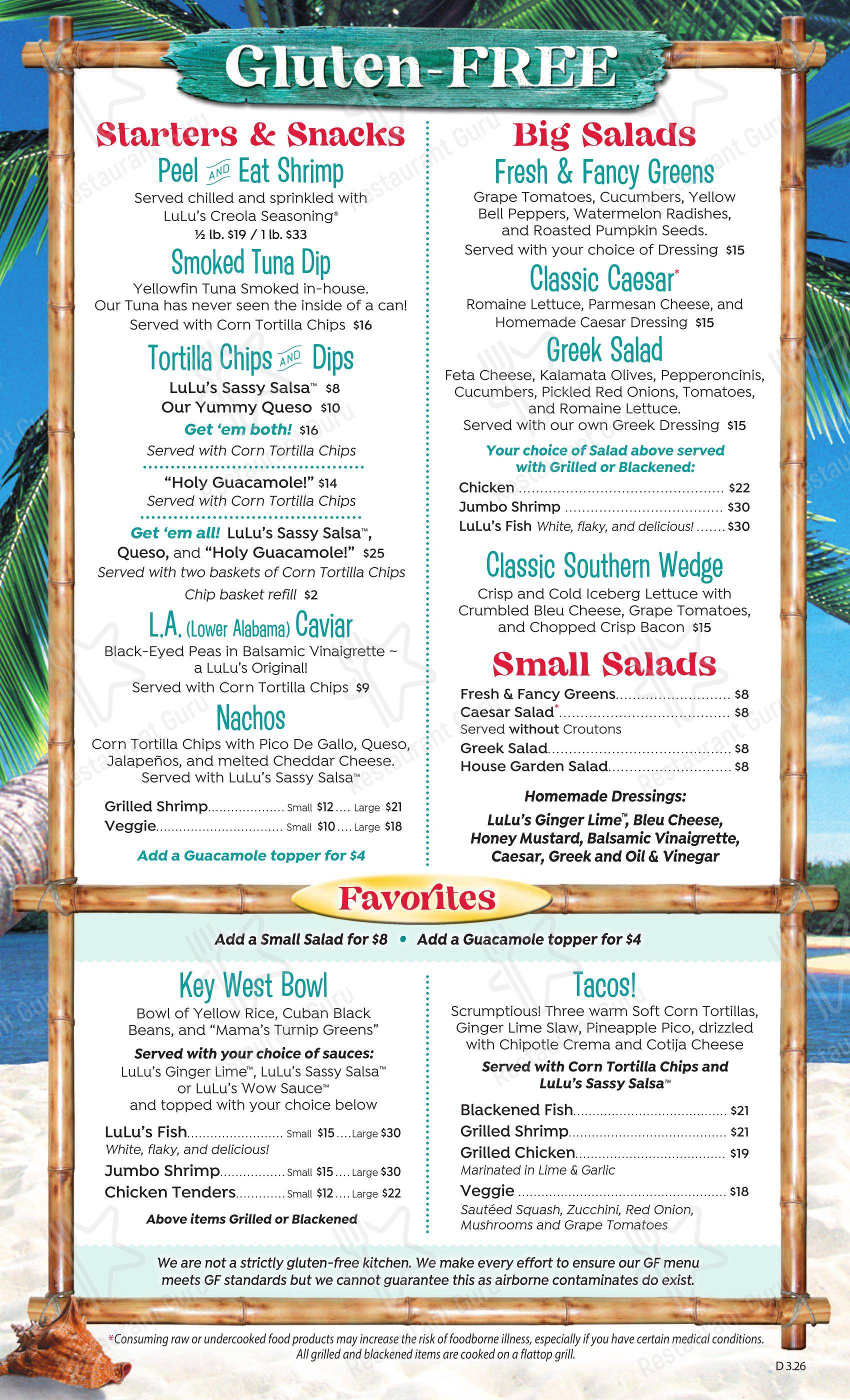 Меню напитков ресторана LuLu's Gulf Shores