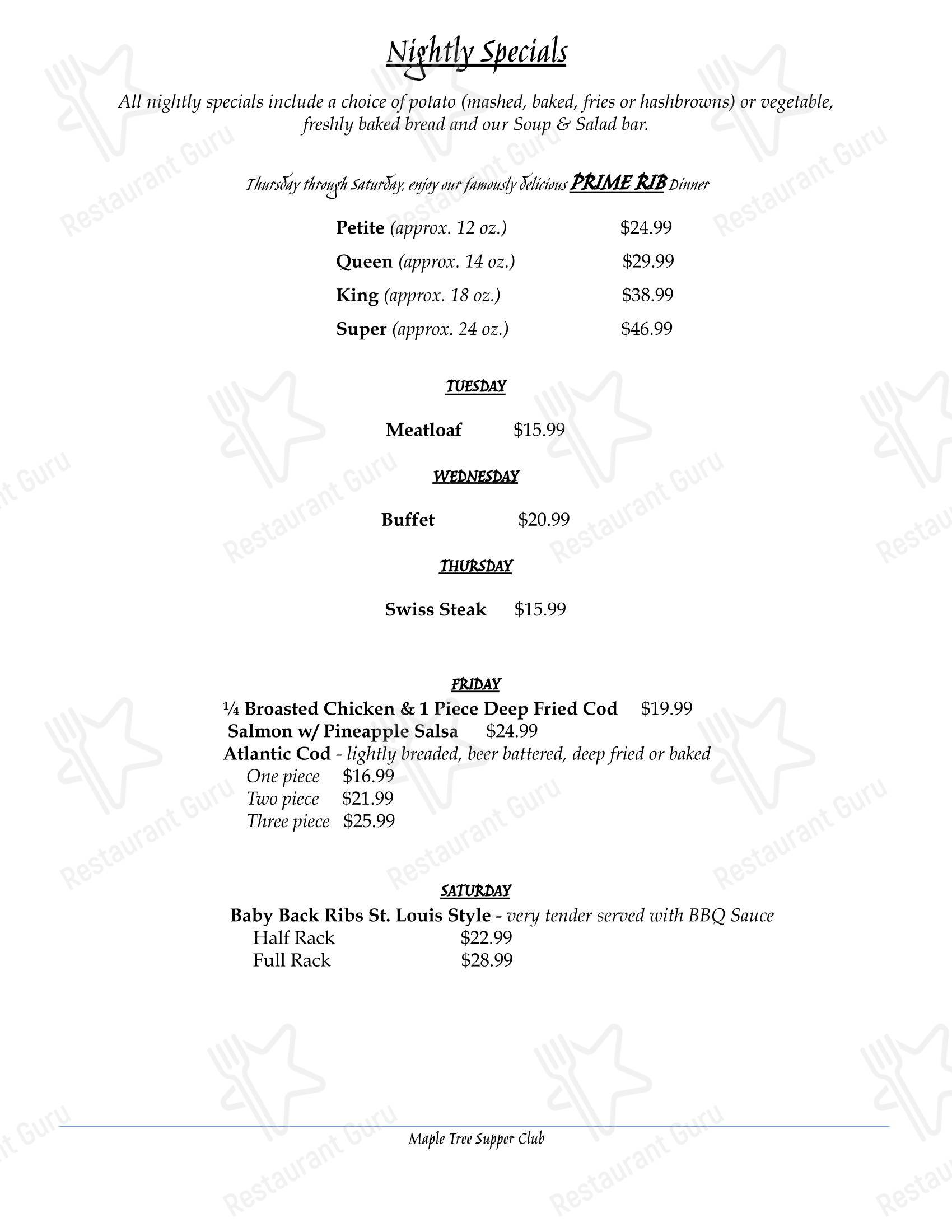 Maple Tree Supper Club в Маке-Фарленде - Меню