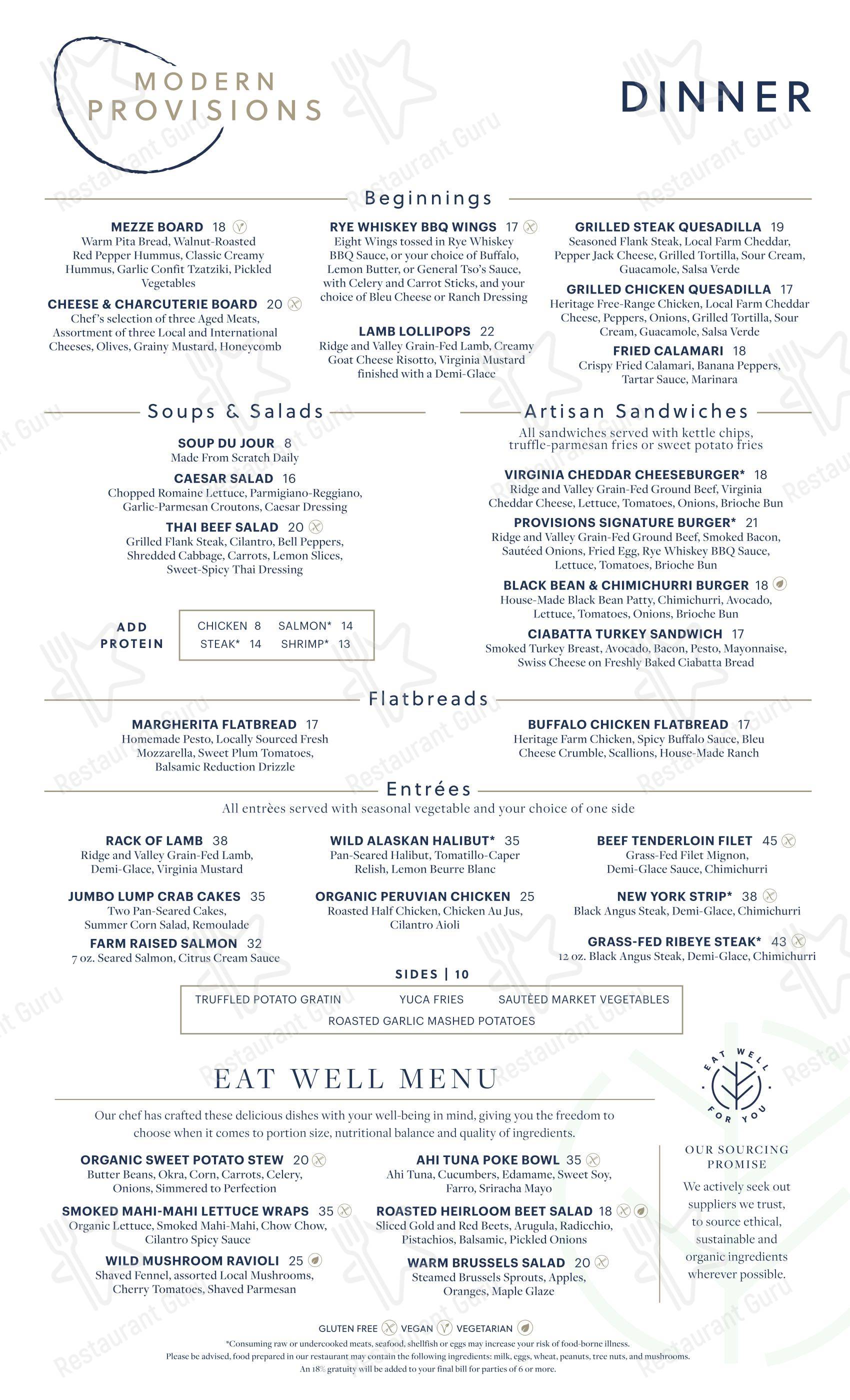 Dinner Menu паба и бара Modern Provisions Dulles в Херндоне