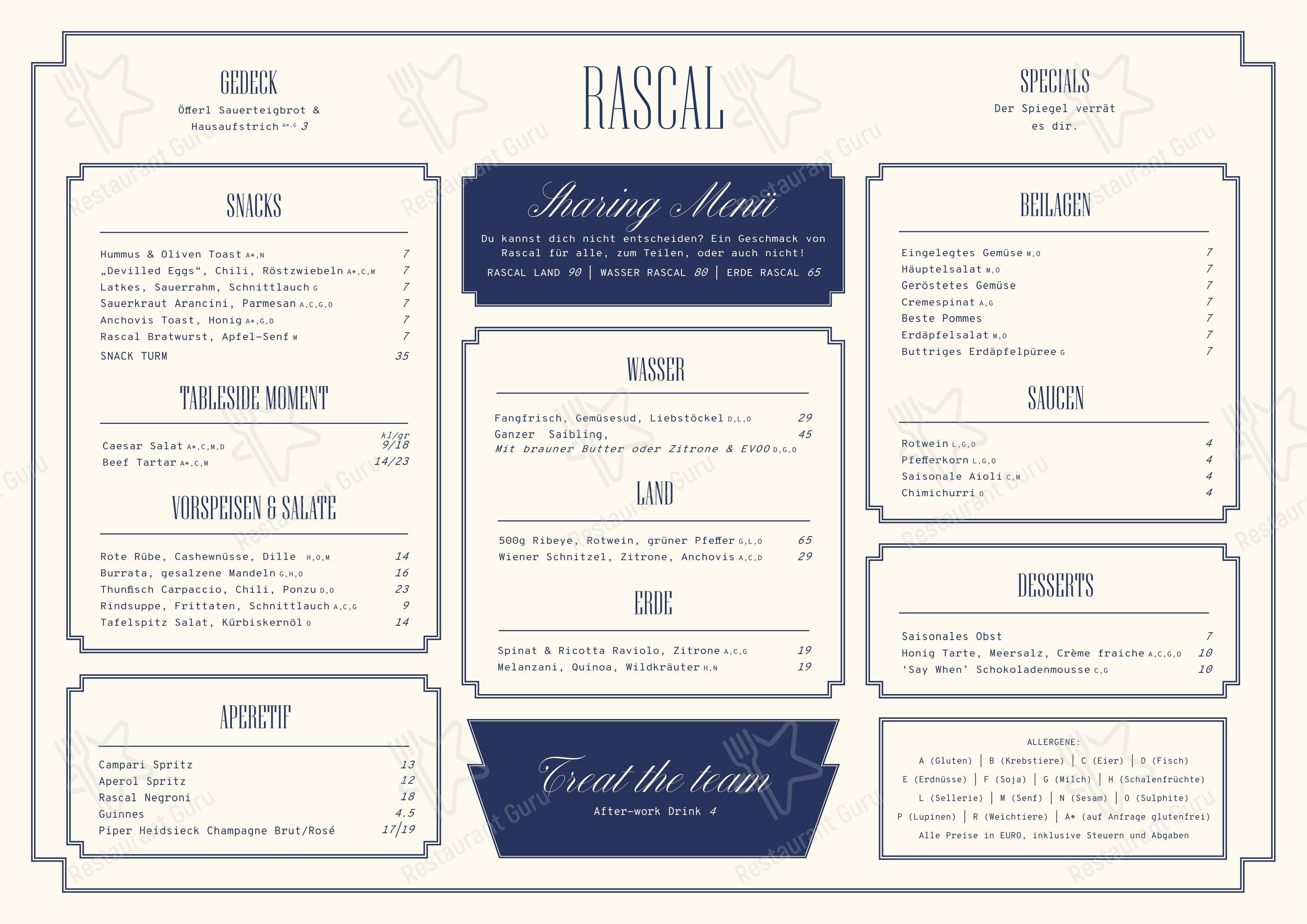 Rascal в Вене - Меню