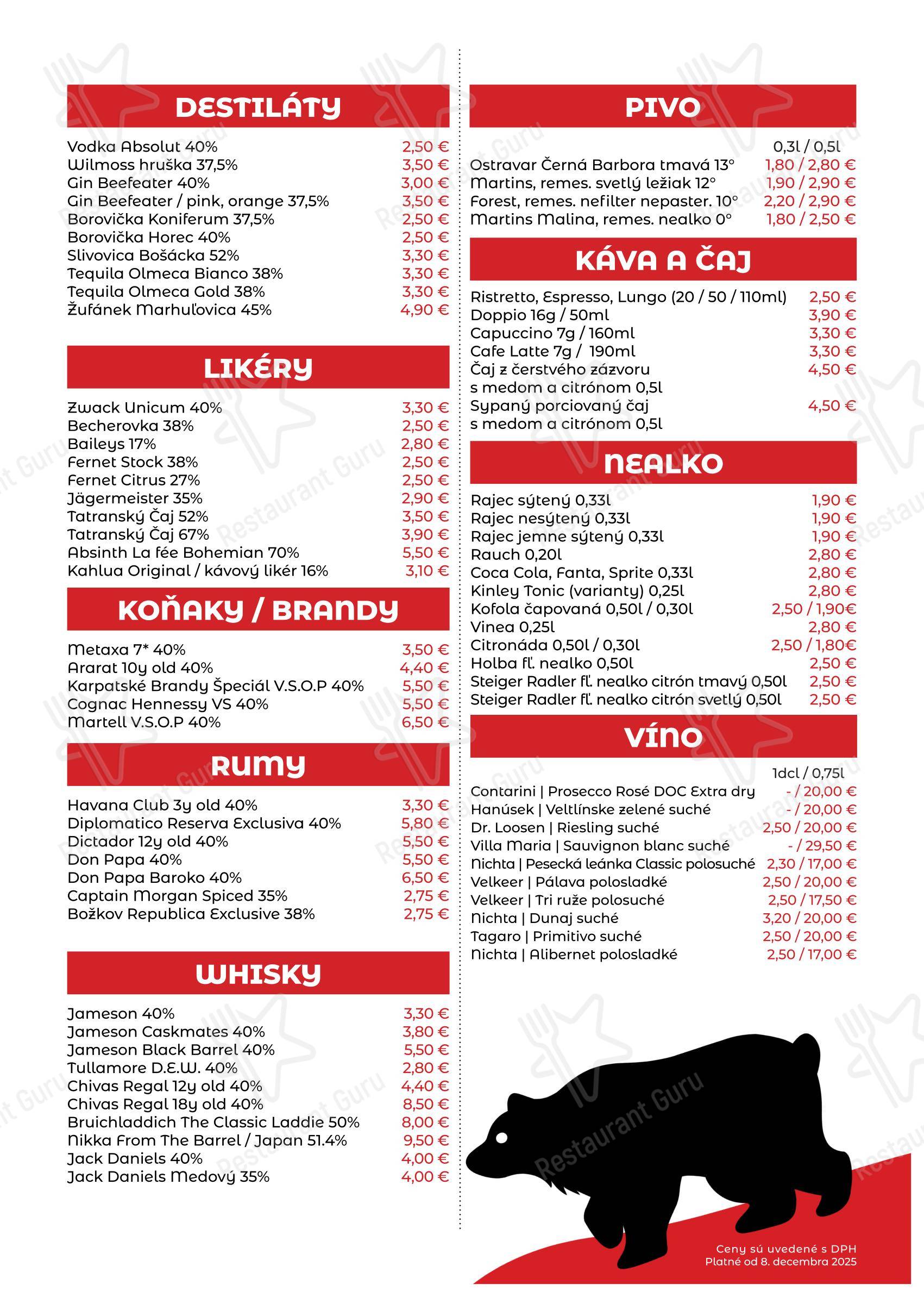 Меню напитков паба и бара Stránske Medvede • Grill & pub