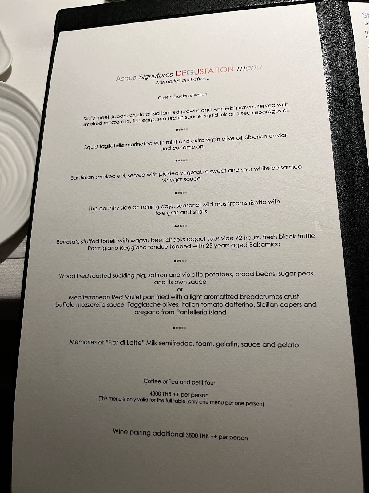 Acqua Italian Dining Restaurant Bangkok меню