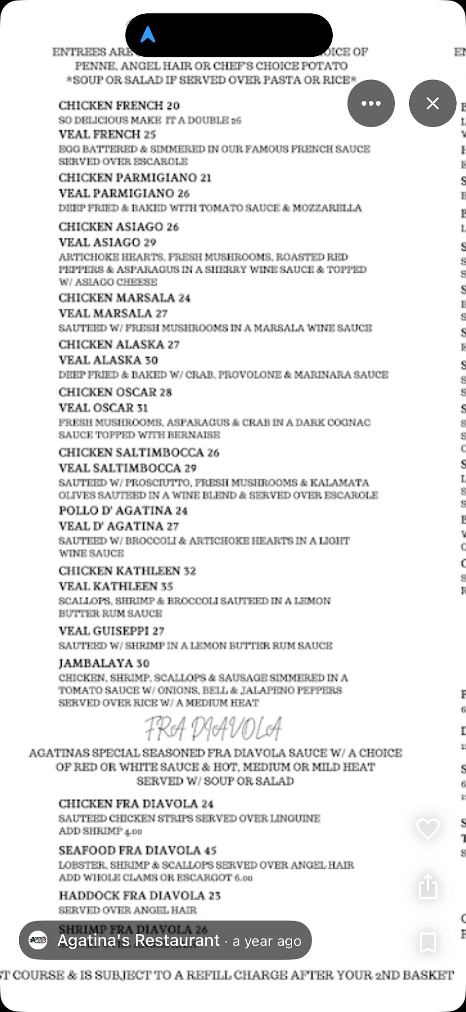 Agatina's Restaurant меню