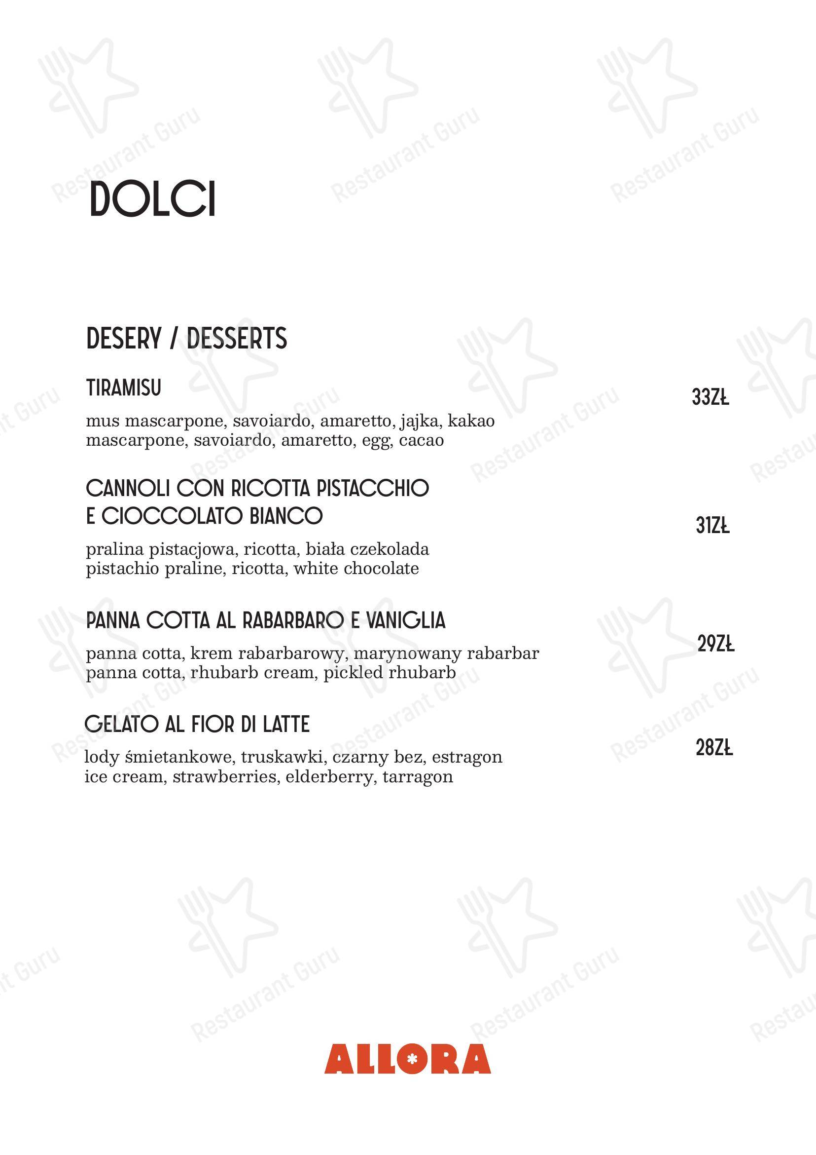 Основное меню ресторана Allora Ristorante restauracja włoska Warszawa в Варшаве