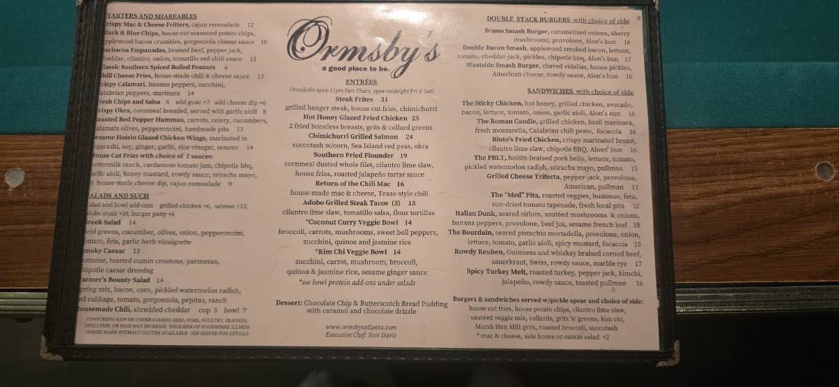 Ormsby's меню