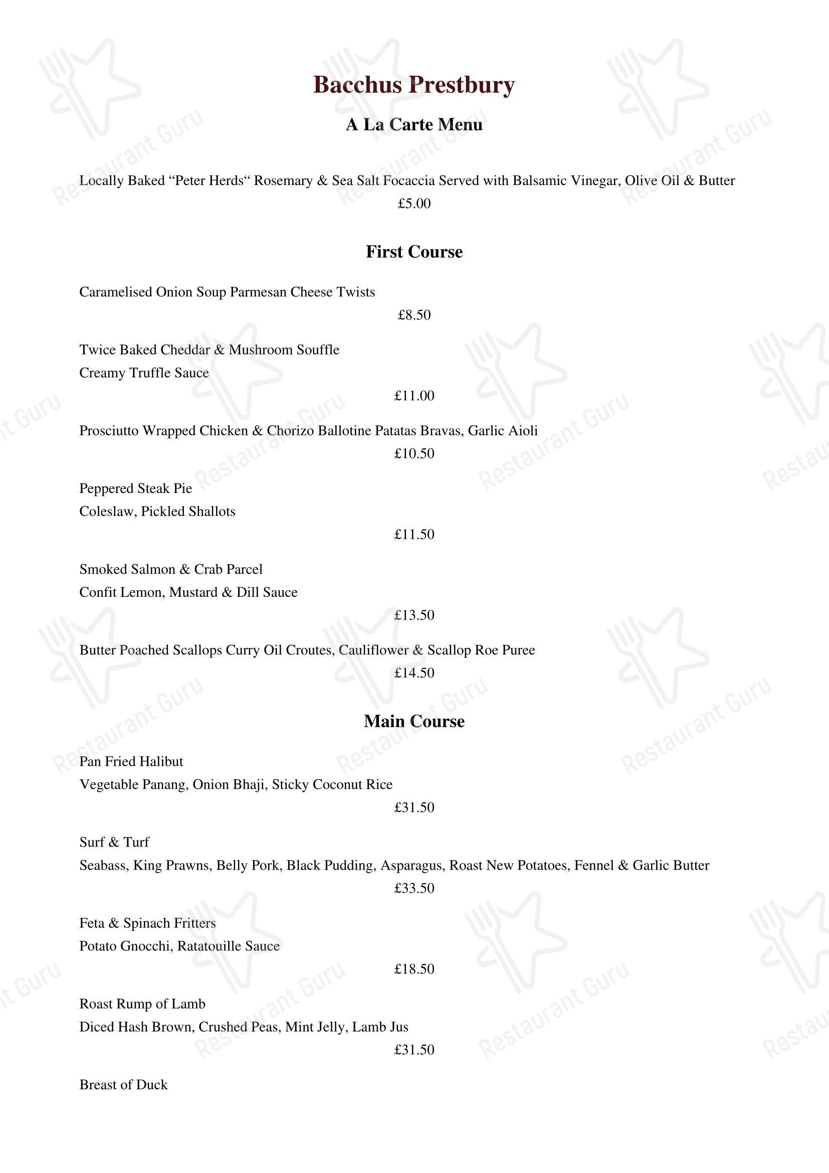 Основное меню ресторана Bacchus Restaurant & Champagne Bar в Маклсфилде