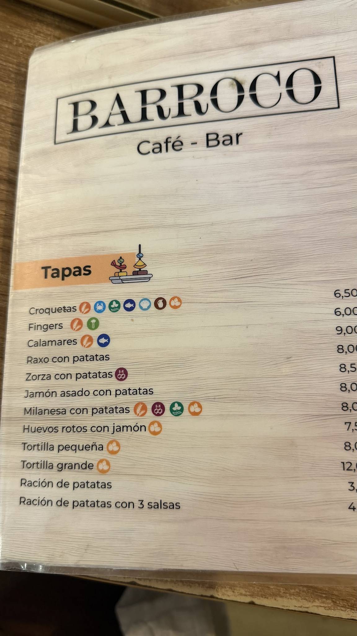 Bar Barroco меню