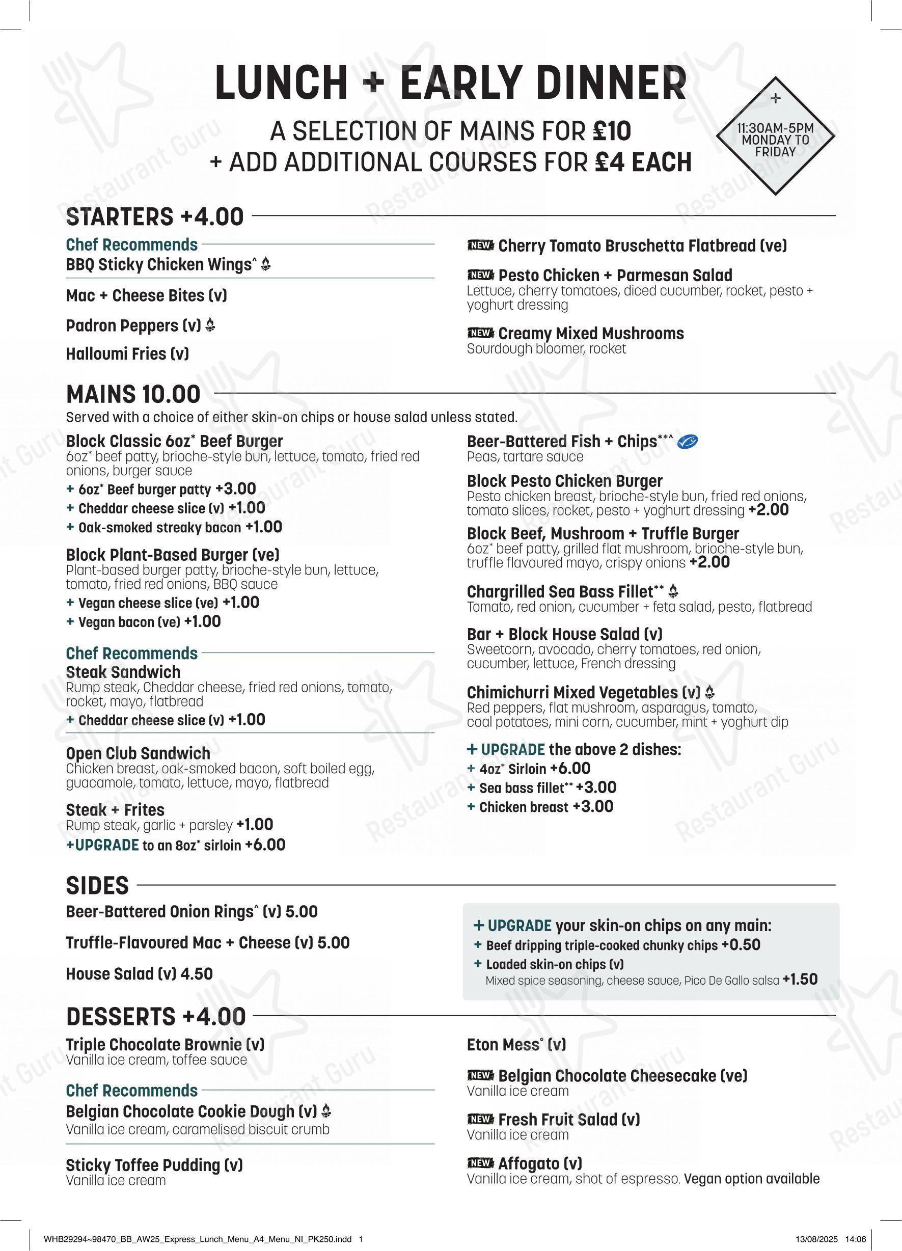 Меню паба и бара Bar + Block Steakhouse Belfast