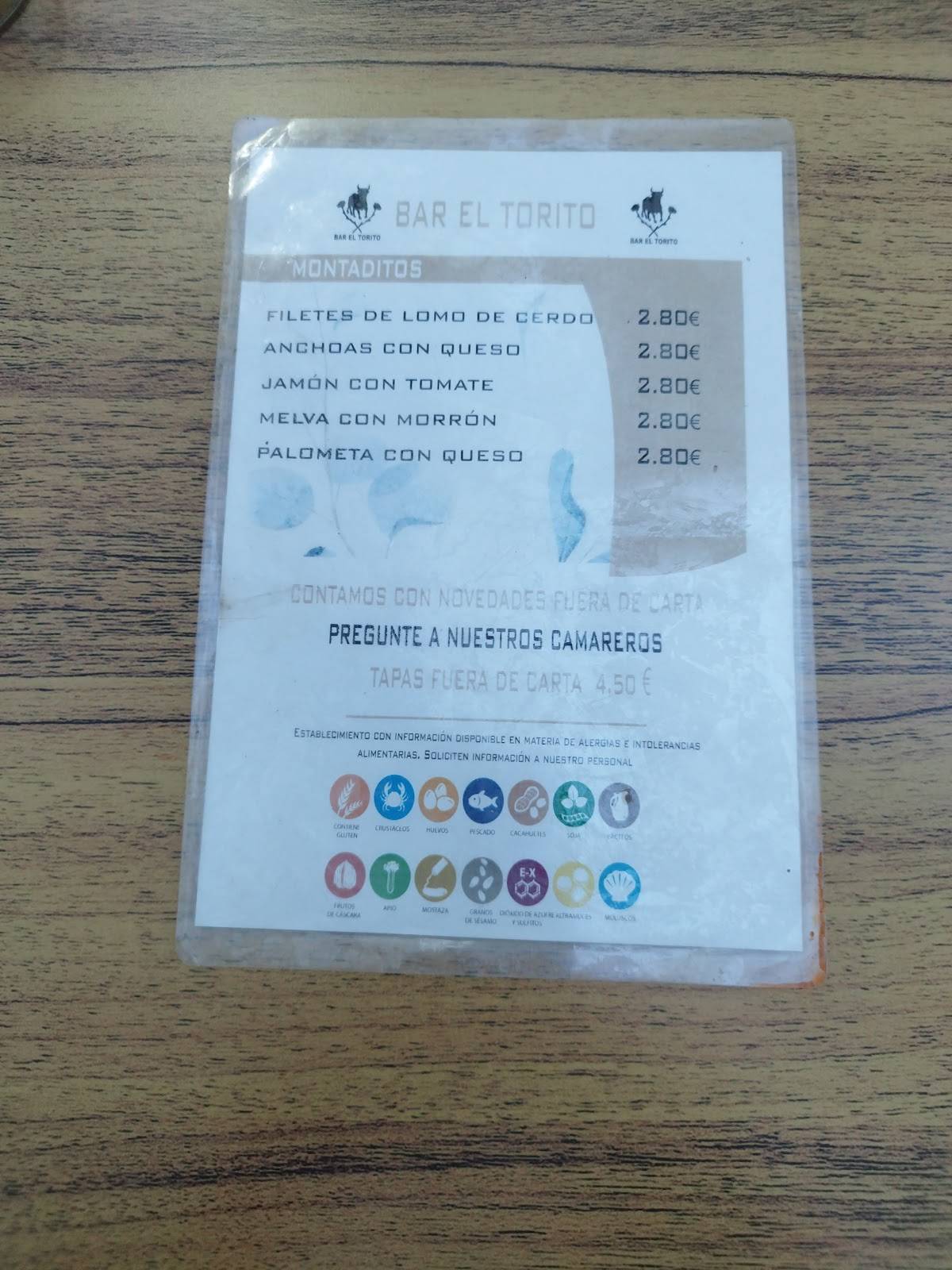 Bar El Torito меню