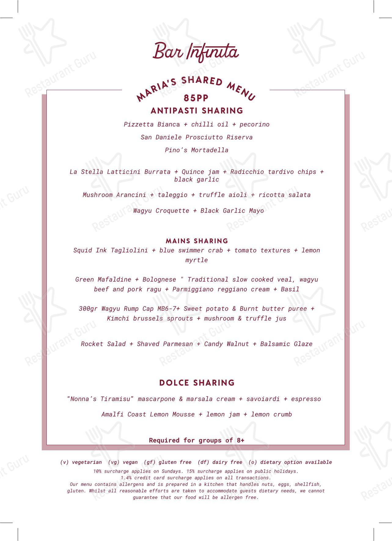 Bar Infinita в Гордоне - Dinner Menu
